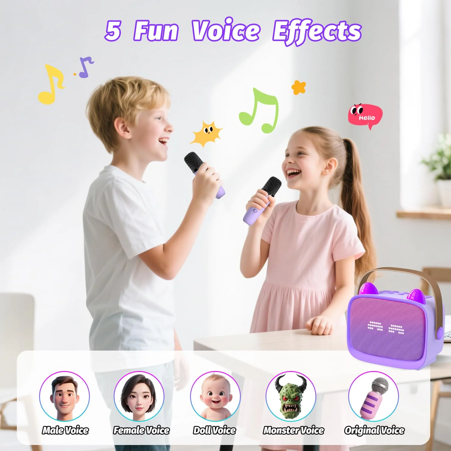 Mini Karaoke Machine Toys Gifts,Kids Portable MP3 Player with 2 Wireless Microphone and LED,Christmas Birthday Gifts for Girls Boys 3 4 5 6 7 8+ Year Old (Purple) - Image 5