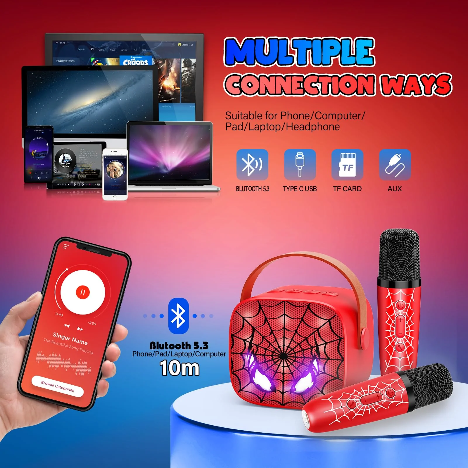 Mini Karaoke Machine Toys Gifts: Kids Toys Christmas Birthday Gifts for 4 5 6 7 8 9 Years Old Girl Boy Stocking Stuffers LED Portable Bluetooth Speaker with 2 Wireless Microphone Girl Gift Age 3-12+ - Image 6