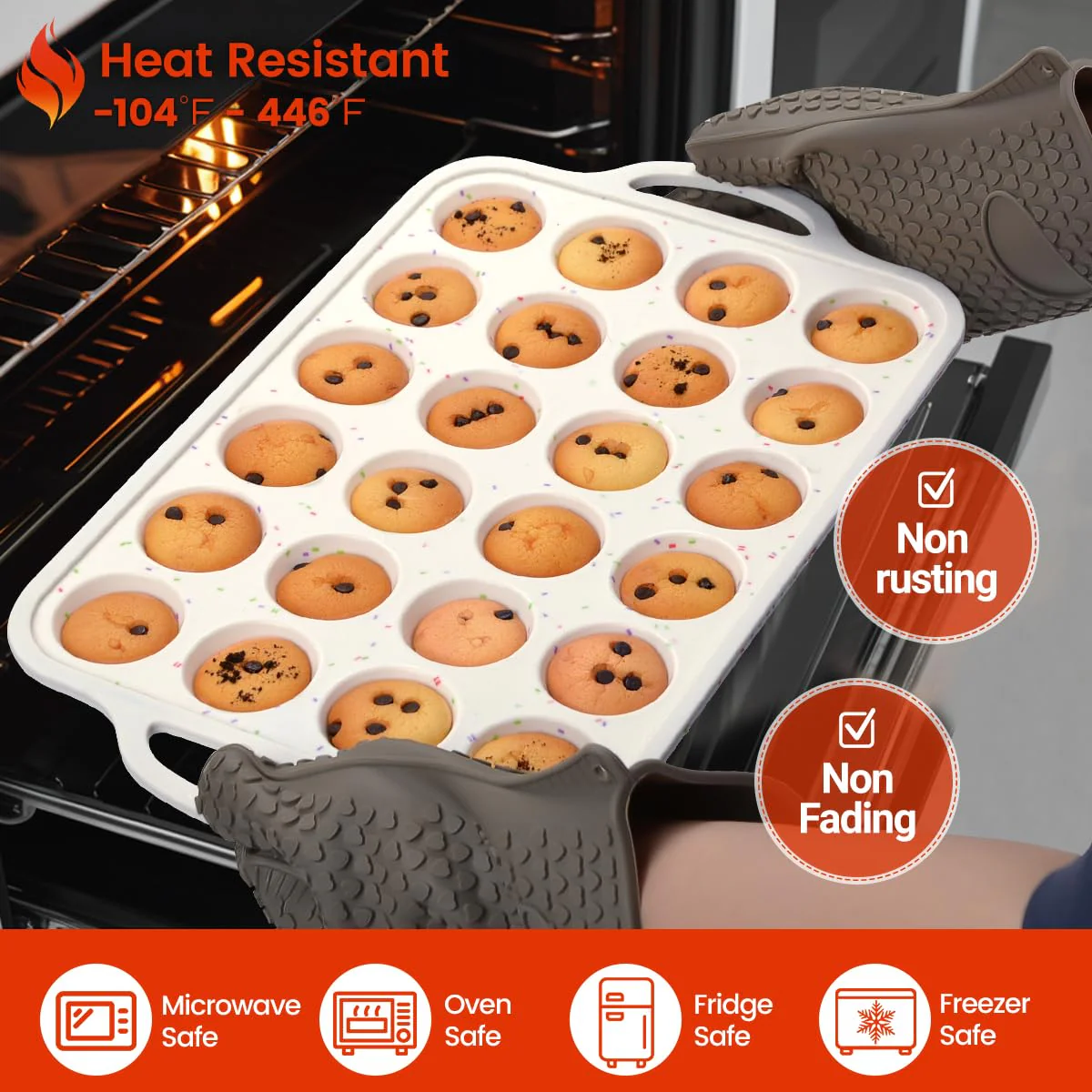 Mini Muffin Pan, Metal Reinforced Frame Mini Cupcake Pans 24 Cups Nonstick Muffin Silicone Molds with Handle for Baking Muffins, Cupcakes, Egg Bites 2 Pack - Image 3