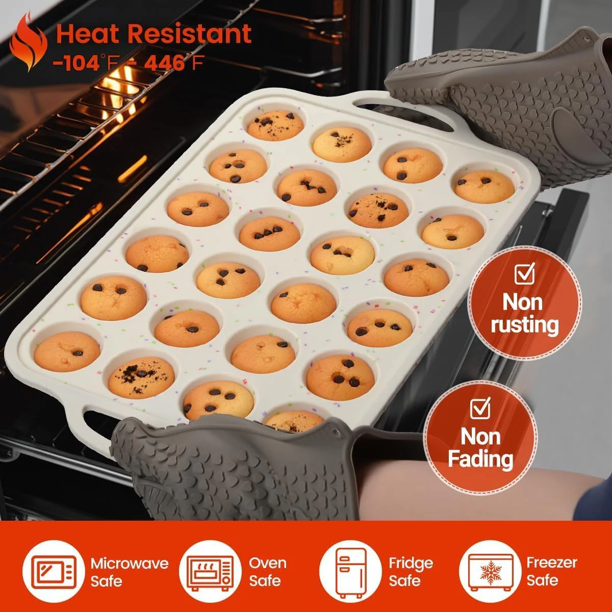 Mini Muffin Pan, Metal Reinforced Frame Mini Cupcake Pans 24 Cups Nonstick Muffin Silicone Molds with Handle for Baking Muffins, Cupcakes, Egg Bites 2 Pack - Image 3
