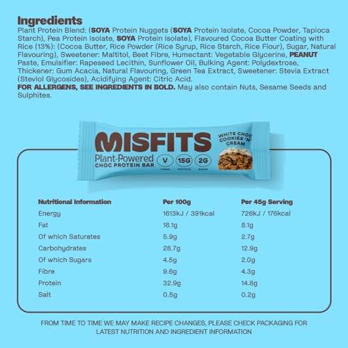 Misfits Vegan Protein Bar, High Protein, Low Sugar, Gluten Free, Plant Based Protein Bar, 12 Pack (Cookies And Cream) - Image 6