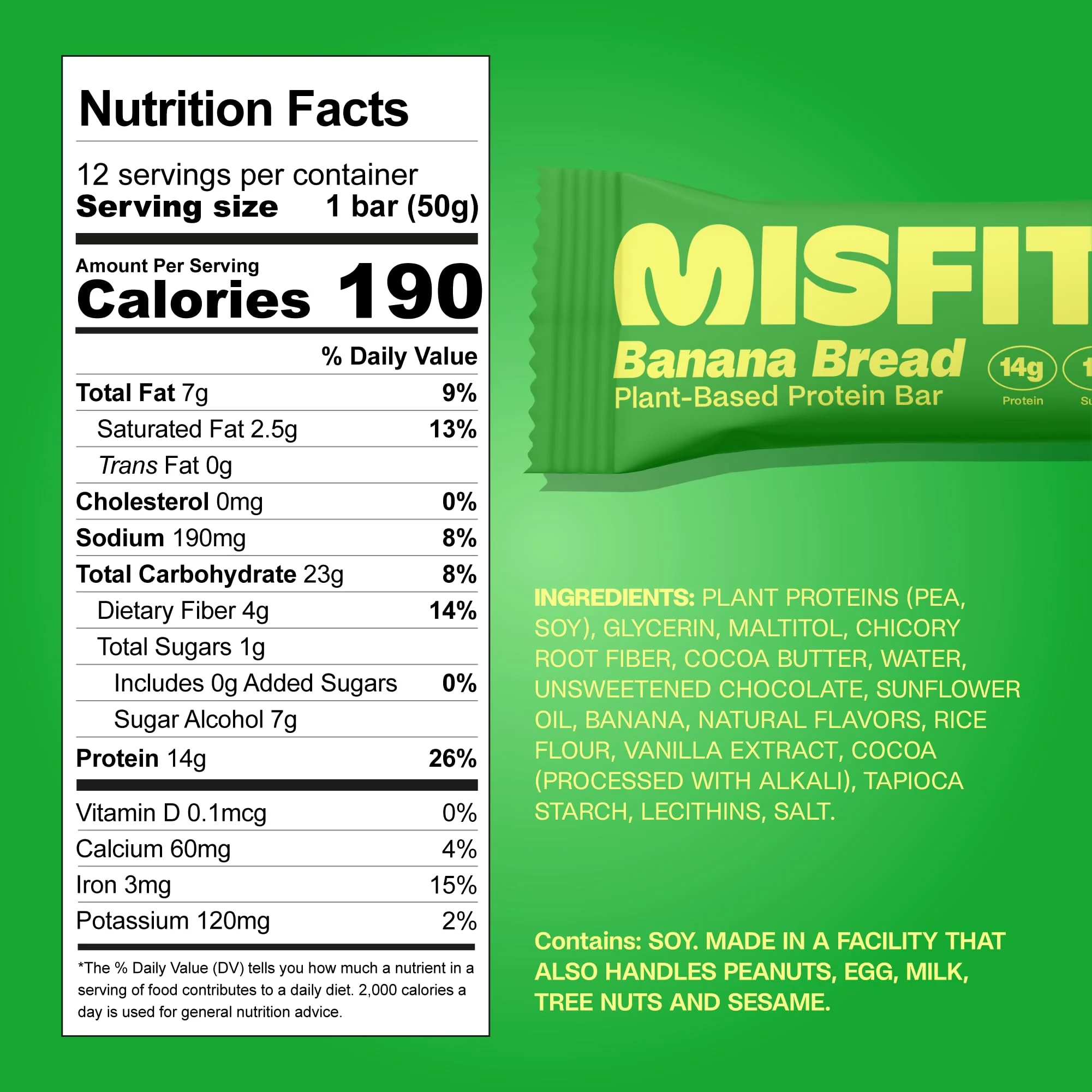 Misfits Vegan Protein Bars - Banana Bread | Nutrition Bars - 14g Protein, 1g Sugar, Plant-based, Low Carb, Non-GMO, Gluten Free Snacks | Pack of 12 - Image 2