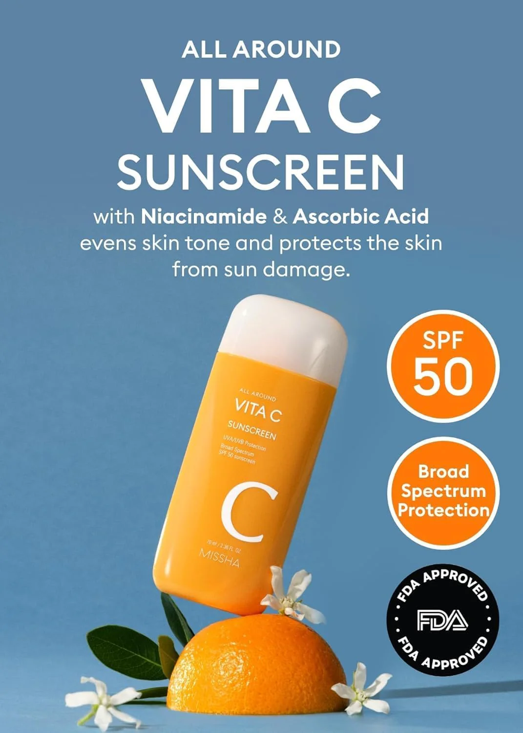MISSHA All Around Vita C Sunscreen SPF 50/2.36 Fl Oz - Korean Sunscreen for Face with Vitamin C for Even Tone, Lightweight, Non-Sticky, Sebum Control - Image 6
