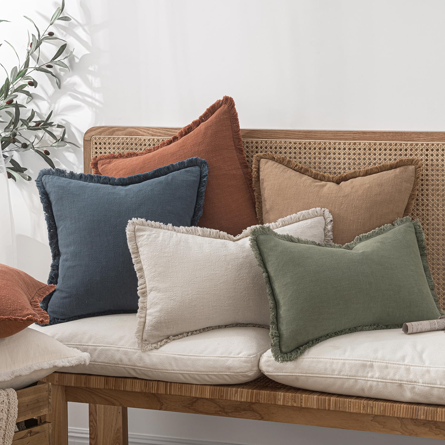MIULEE Christmas Decorative Throw Pillow Covers Neutral Linen Fringe Fall Throw Pillows Set of 2 Natural Beige Boho Farmhouse Cushion Covers with Tassels for Couch Sofa Bed Home Decor 20x20 Inch - Image 2