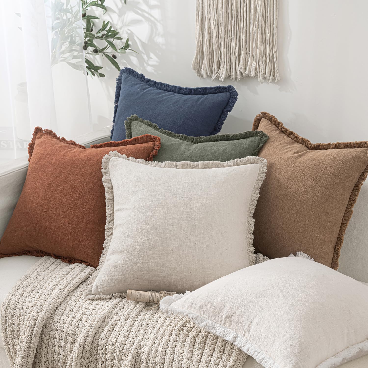 MIULEE Christmas Decorative Throw Pillow Covers Neutral Linen Fringe Fall Throw Pillows Set of 2 Natural Beige Boho Farmhouse Cushion Covers with Tassels for Couch Sofa Bed Home Decor 20x20 Inch - Image 3