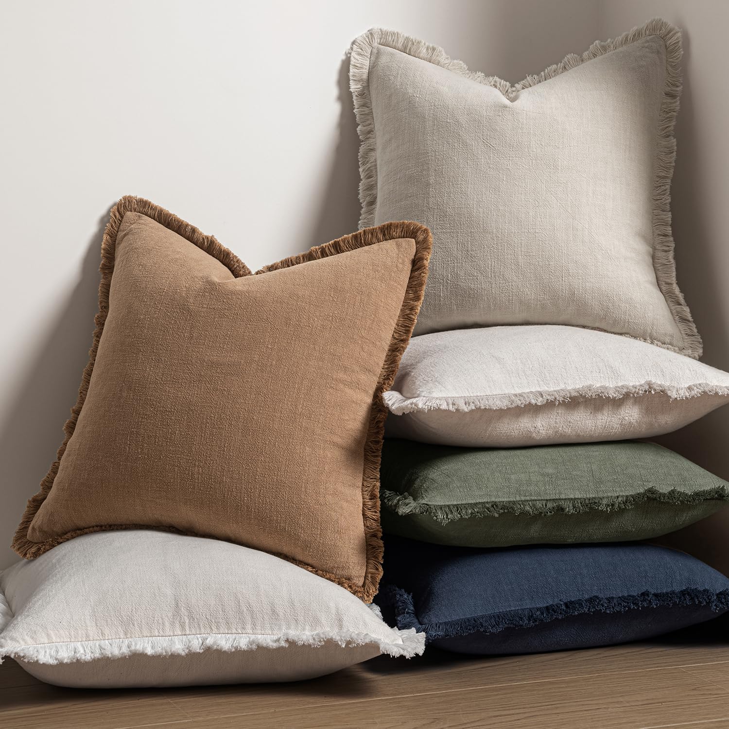 MIULEE Christmas Decorative Throw Pillow Covers Neutral Linen Fringe Fall Throw Pillows Set of 2 Natural Beige Boho Farmhouse Cushion Covers with Tassels for Couch Sofa Bed Home Decor 20x20 Inch - Image 4