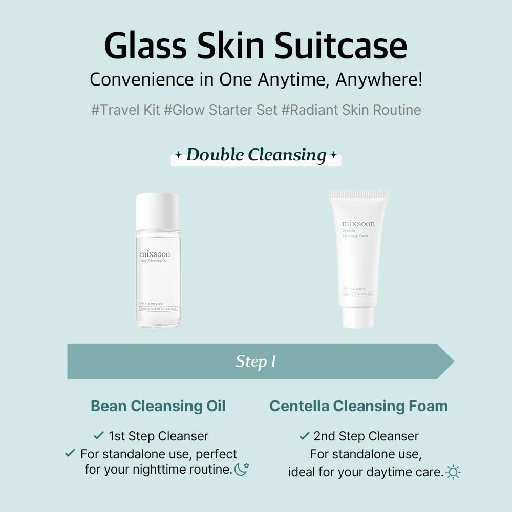 mixsoon Glass Skin Suit Case Set-5-Step Skincare Kit - Hydrating and Radiance-Cleansing Oil, Foam, Essence, Cream 105ml / 3.55 fl.oz. Korean Glass Skin Care - Image 7