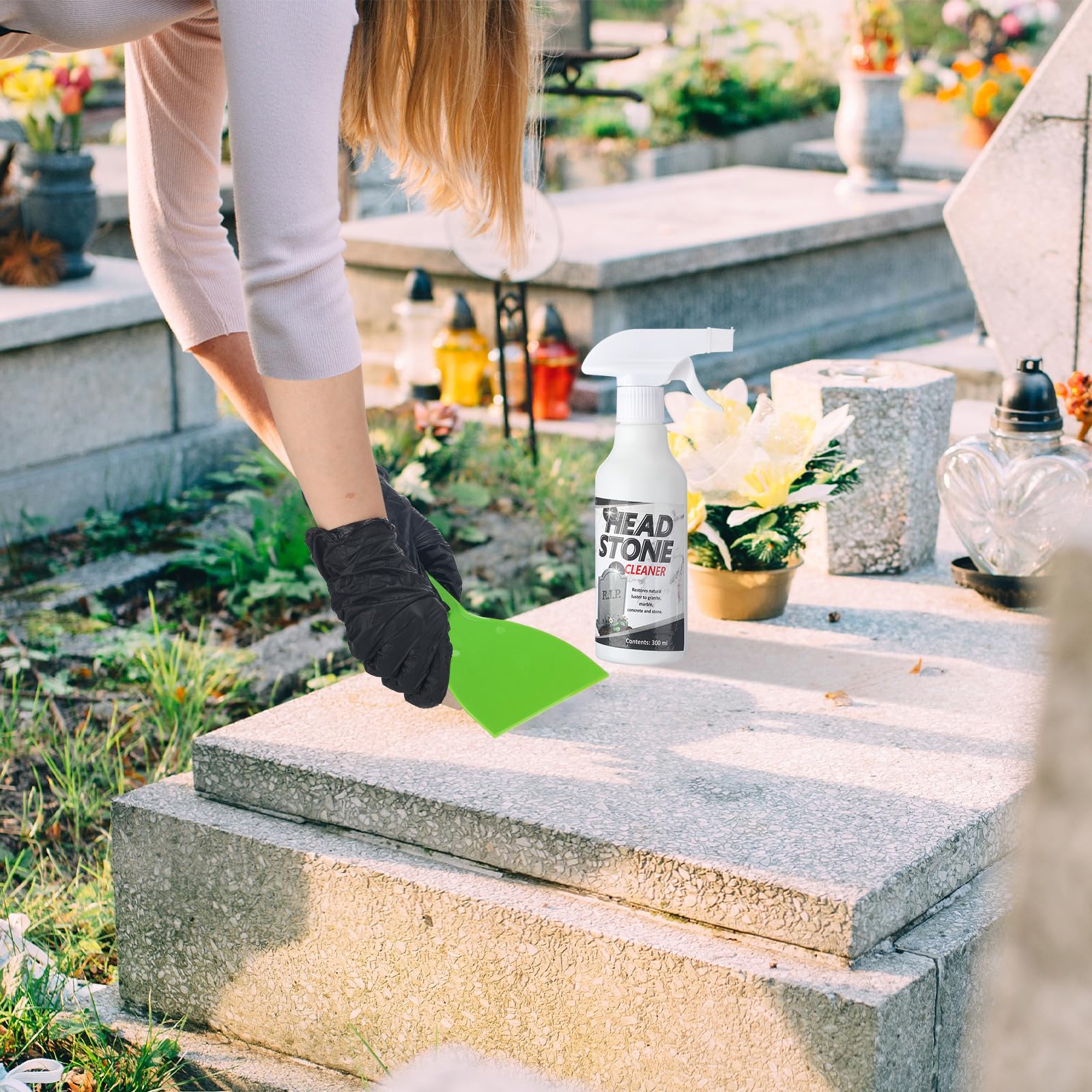 Mixweer 8 Pcs Headstone Cleaner Kit for Grave Cemetery Cleaning Granite and Stone Daily Cleaner Includes Spray Cloth Bristle Crevice Brush Scrub Brush Cleaning Sponge Disposable Gloves Plastic Scraper - Image 2