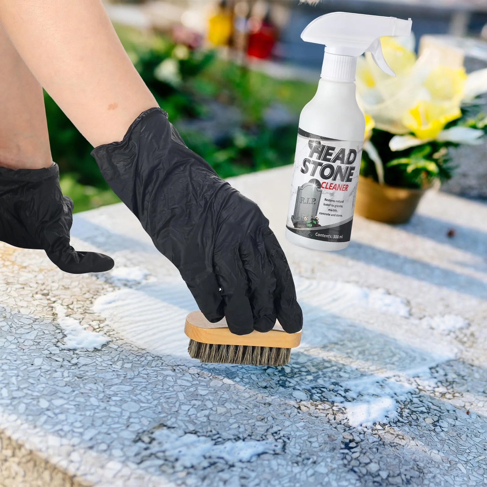 Mixweer 8 Pcs Headstone Cleaner Kit for Grave Cemetery Cleaning Granite and Stone Daily Cleaner Includes Spray Cloth Bristle Crevice Brush Scrub Brush Cleaning Sponge Disposable Gloves Plastic Scraper - Image 5