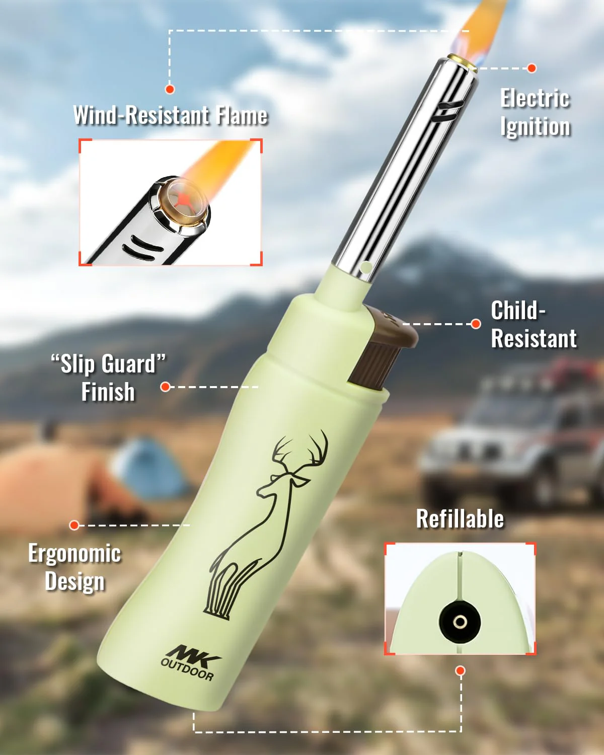 MK Lighter 5pcs. Outdoor Series Candle Lighters, Windproof Torch Flame, BBQ Grills, Camping Lighters, Outdoor Activities, Refillable Butane, Multipurpose Lighters (Assorted-5pc) - Image 5