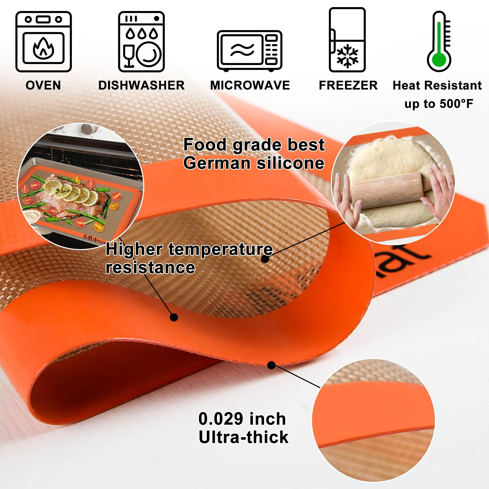 MMmat Silicone Baking Mats - Best German Silicone - Non Slip Silicone Baking Sheet, Non Stick Reusable Silicone Mats for Baking, Oven Liner, Counter Mat - 3/4 Sheet Baking Mat for Oven - Image 6