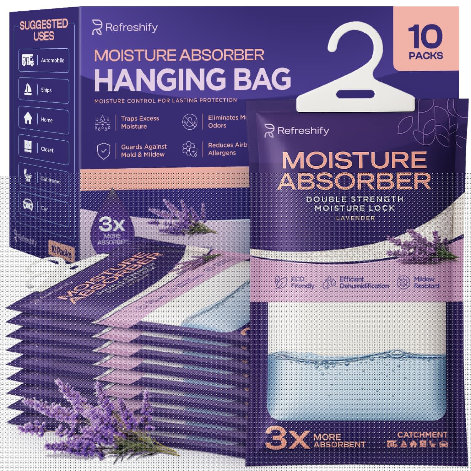 Moisture Absorbers and Humidity Absorber Bags for Closet - 10 Pack High-Efficiency Moisture Absorber and Humidity Packs for Home, Moisture Bags and Dehumidifier Bags for Car Lavender, 10 Pack