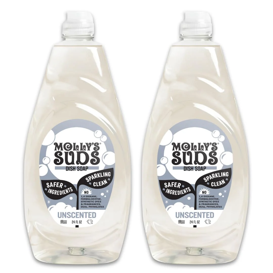 Molly's Suds Liquid Dish Soap | Clean, Simple Ingredients | Extra Scrubbing Power | Unscented, 24 oz - 2 Pack