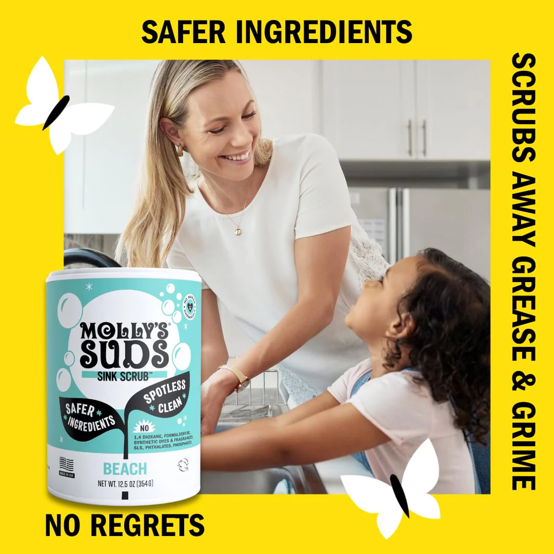 Molly's Suds Sink and All Purpose SCRUB | Gently Removes Stains, Scrubs Away Grease & Gime, Buffs out Scratches | Plant and Mineral Based | 2 Pack, Beach Scent - Image 6