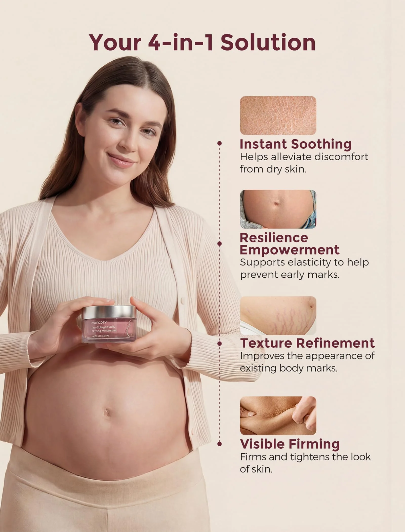 Momcozy Stretch Mark Cream for Pregnancy & Postpartum, Pro-Collagen Belly Firming Moisturizer, Facial-Grade Peptides & Oil-in-Cream, 5.29 oz (150g) - Image 4
