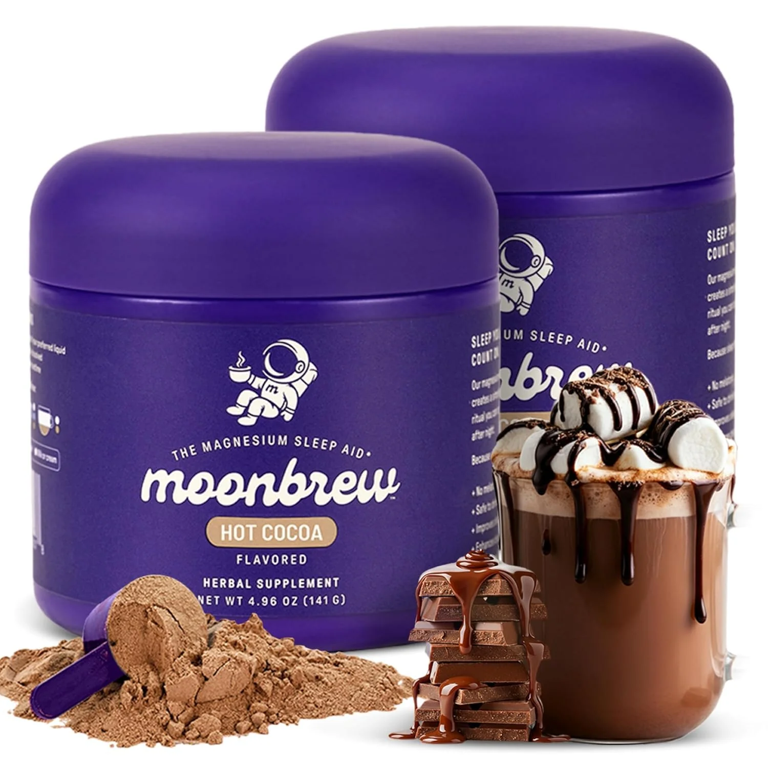 MoonBrew Nighttime Magnesium Hot Cocoa, Natural Sleep Aid Drink Mix for Adults, 2-Pack - Calming Melatonin-Free Sleep Support - Sleepy Hot Chocolate Powder with L-Theanine & Zinc Glycinate