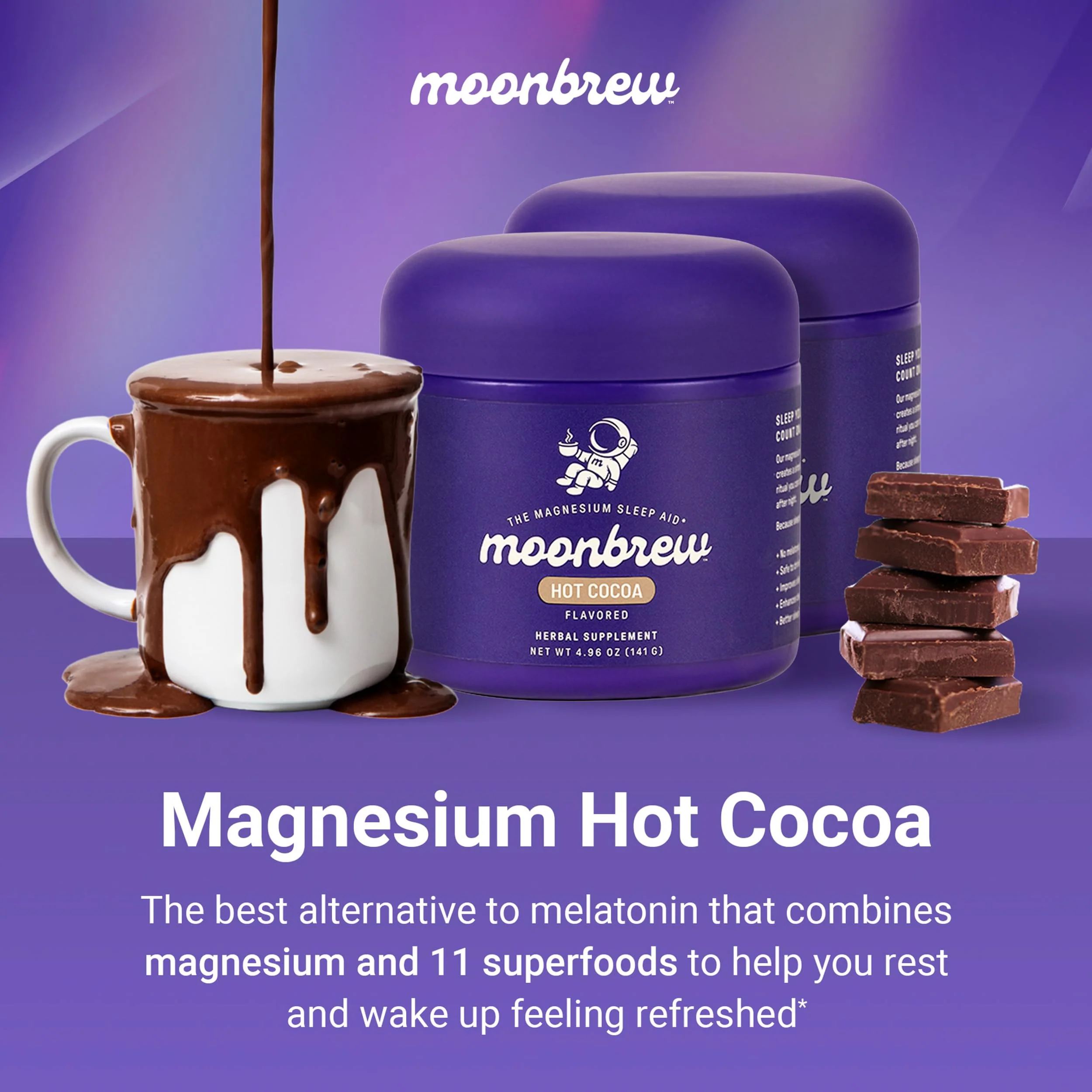MoonBrew Nighttime Magnesium Hot Cocoa, Natural Sleep Aid Drink Mix for Adults, 2-Pack - Calming Melatonin-Free Sleep Support - Sleepy Hot Chocolate Powder with L-Theanine & Zinc Glycinate - Image 3