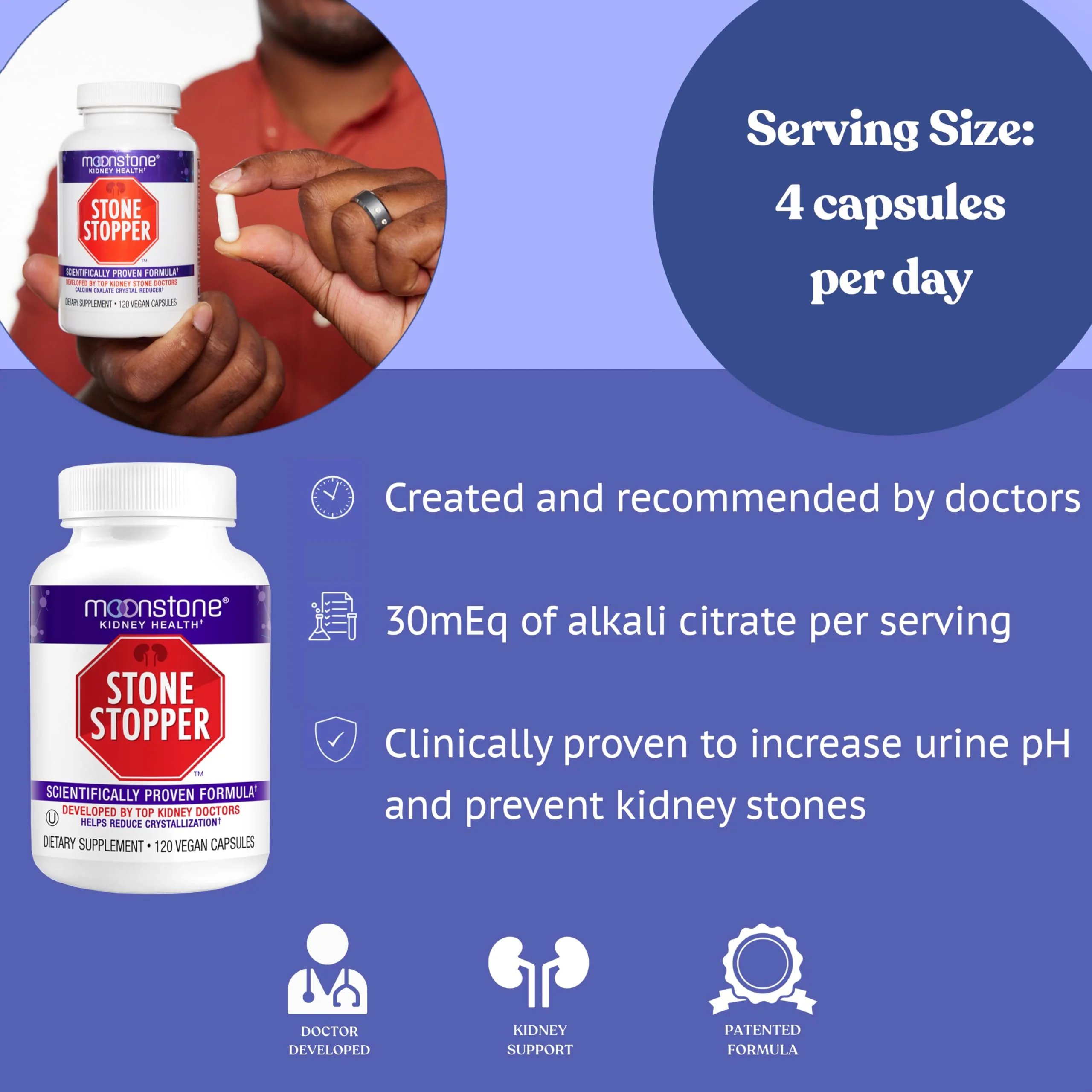 Moonstone Stone Stopper Capsules, Kidney Stone Prevention, Calcium Oxalate Protector, Alkali Citrate Support Supplement, Developed by Urologists to Support Kidney Health, 90 Day Supply (360 Count) - Image 4