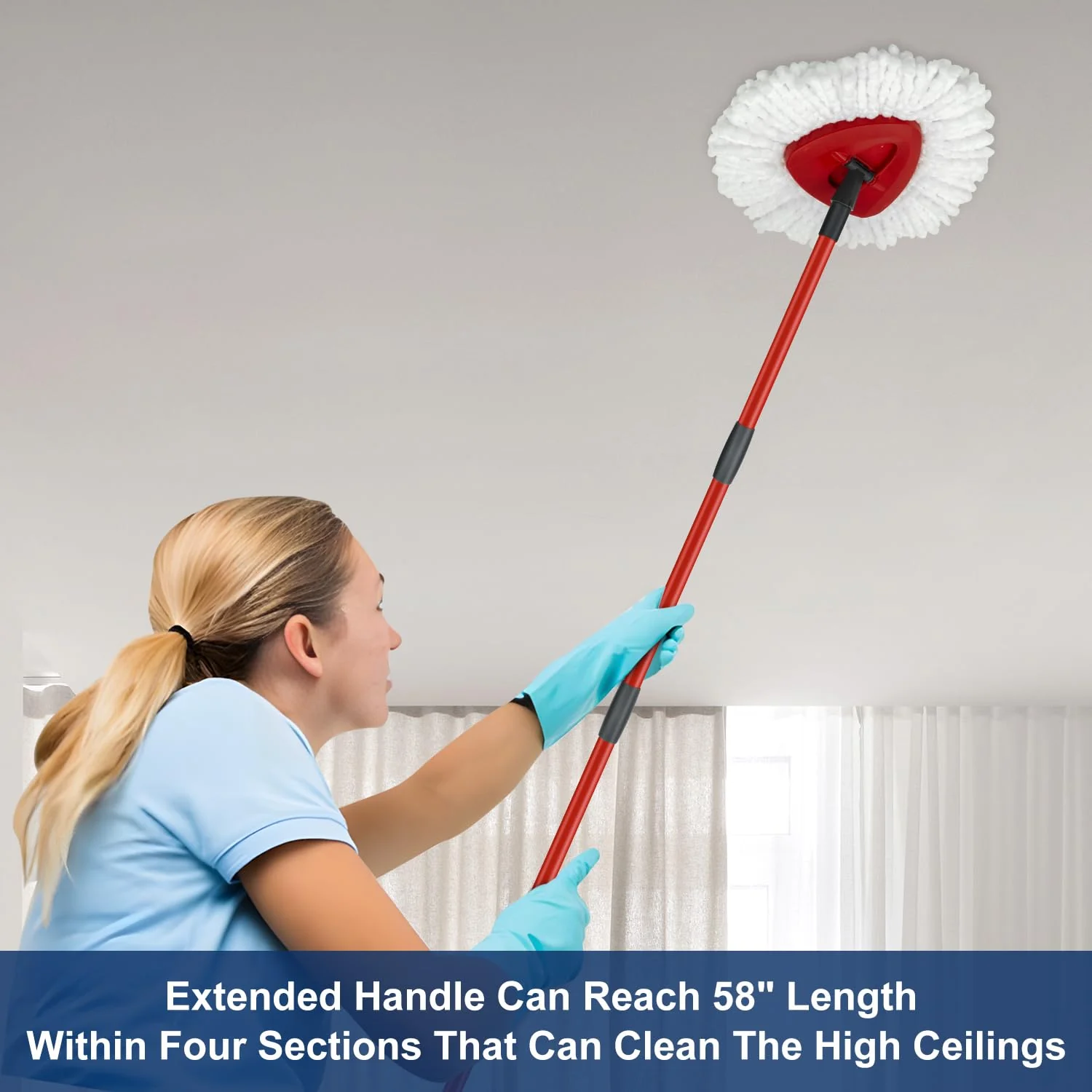Mop Replace Heads Mop Handle and Mop Base Replacement for O Cedar EasyWring 1-Tank Spin Mop System, 2 Microfiber Mop Head Refills, 4-Section Iron Mop Handle 30-58in and 1 Mop Head Cover Set(No Bucket) - Image 5