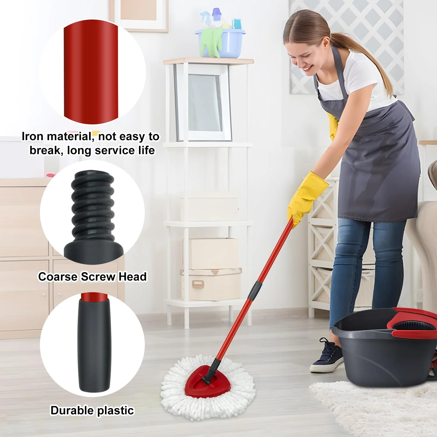 Mop Replace Heads Mop Handle and Mop Base Replacement for O Cedar EasyWring 1-Tank Spin Mop System, 2 Microfiber Mop Head Refills, 4-Section Iron Mop Handle 30-58in and 1 Mop Head Cover Set(No Bucket) - Image 7