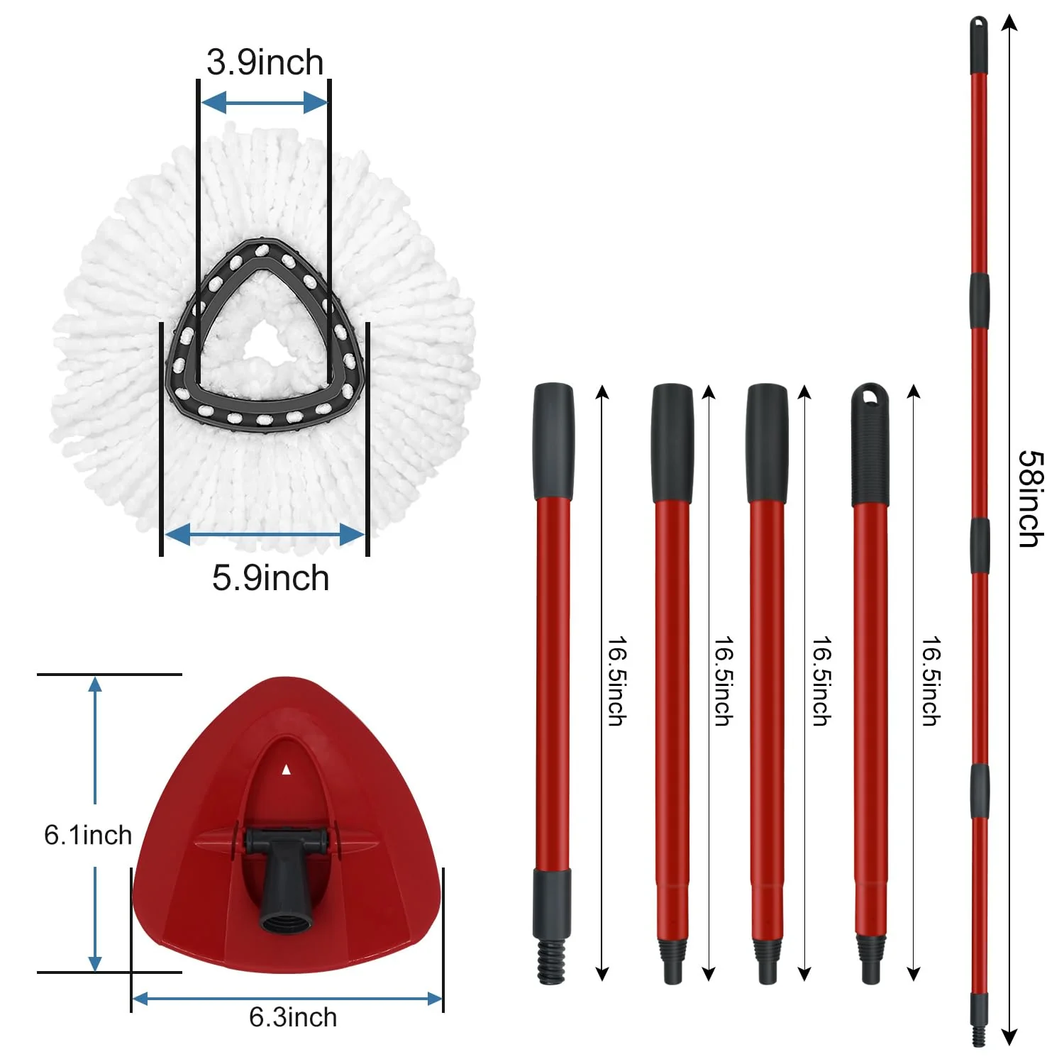 Mop Replace Heads Mop Handle and Mop Base Replacement for O Cedar EasyWring 1-Tank Spin Mop System, 2 Microfiber Mop Head Refills, 4-Section Iron Mop Handle 30-58in and 1 Mop Head Cover Set(No Bucket) - Image 9