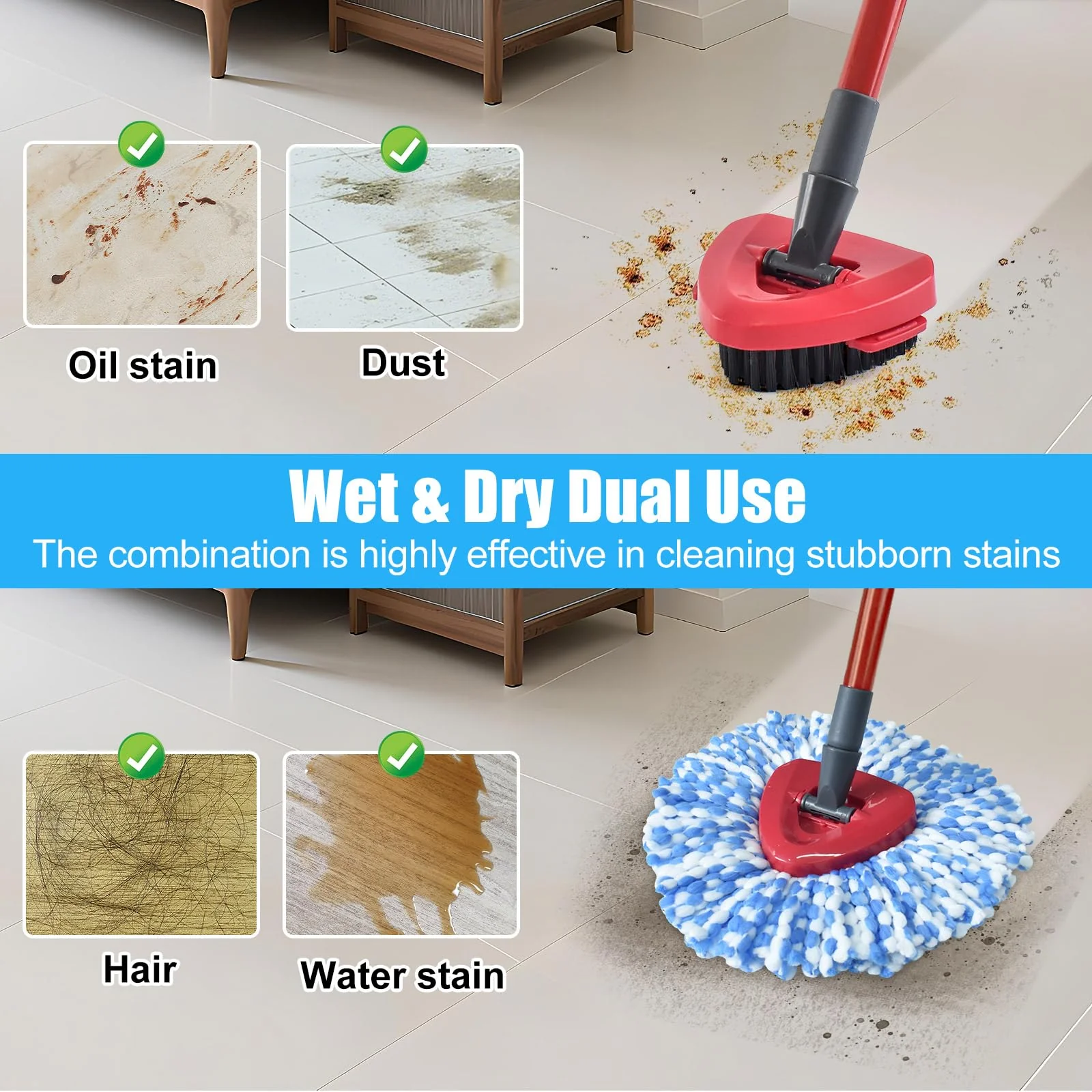 Mop Replacement for Ocedar, Mop for O Cedar, Replacement Mop for O Cedar Spin Mop Contains 4-Section Mop Handle 2 Mop Replace Head 1 Mop Base 1 Scrubber Mop Head for O-Cedar Spin Mop - Image 6
