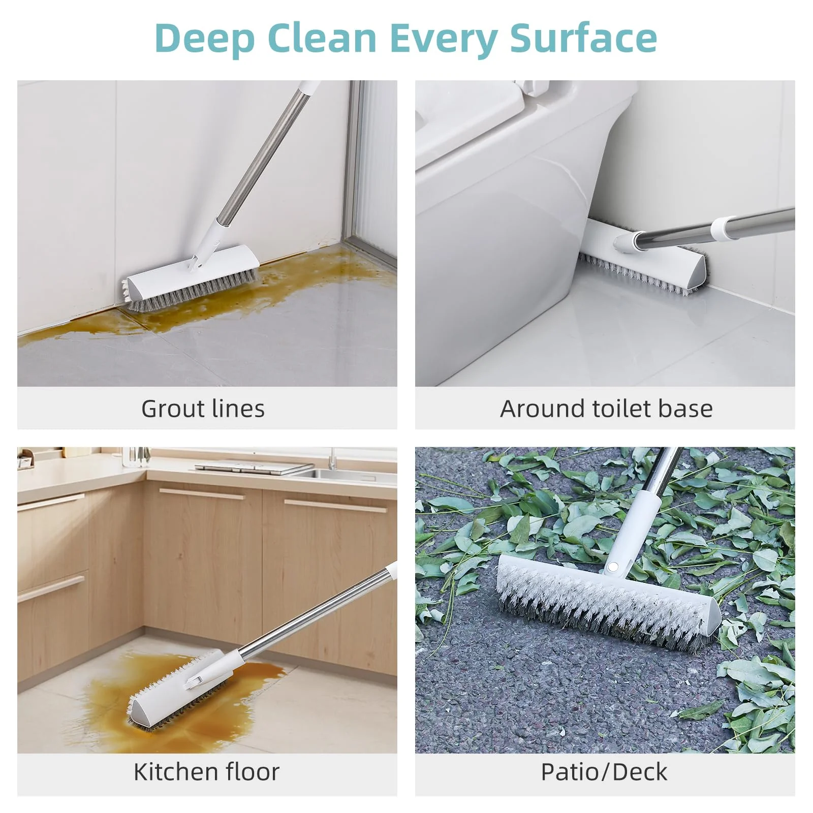 MOPALL Floor Scrub Brush with Long Handle 55", Dual-Sided Stiff Bristle Grout Brush with 180° Rotatable V-Shape Head, Heavy Duty Shower Cleaning for Bathroom Tile, Patio, Deck, Garage, Pool & Corner - Image 3