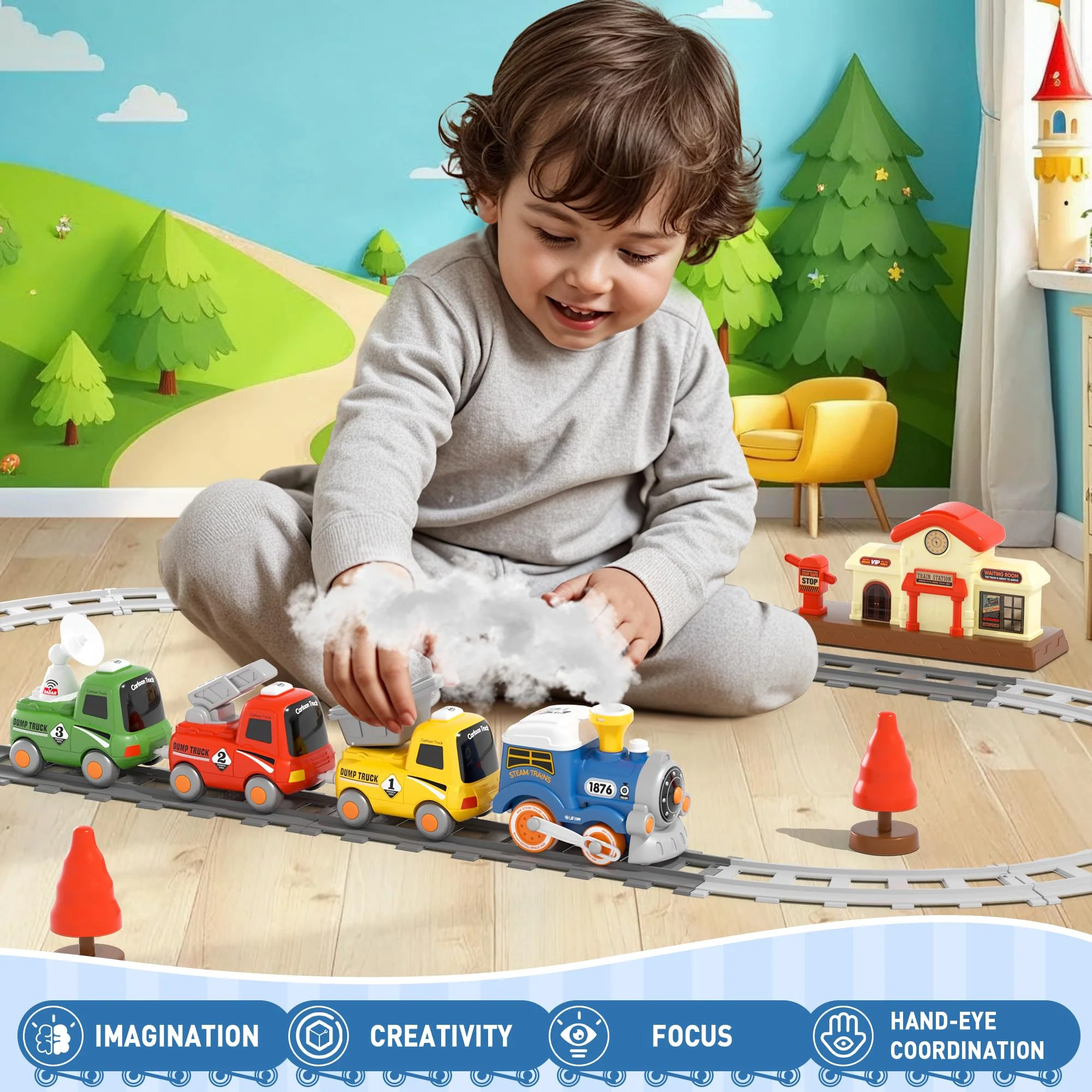 MORECOLL Train Set for Toddlers w/Steam, Music & Lights - First Choo Choo Train for Toddlers, Electric Train Set for Kids, Magnetic Train Toys, Christmas Birthday Gifts for Boys Girls - Image 4