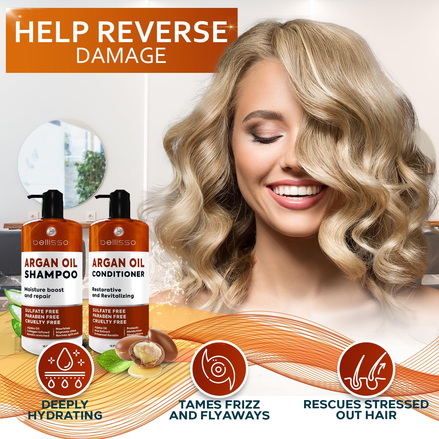 Moroccan Argan Oil Shampoo and Conditioner Set - Sulfate Free with No Parabens - Botanicals for Women and Men - Professional Moisturizing, Anti Frizz, Hydrating Solution for Dry, Wavy and Curly Hair - Image 3