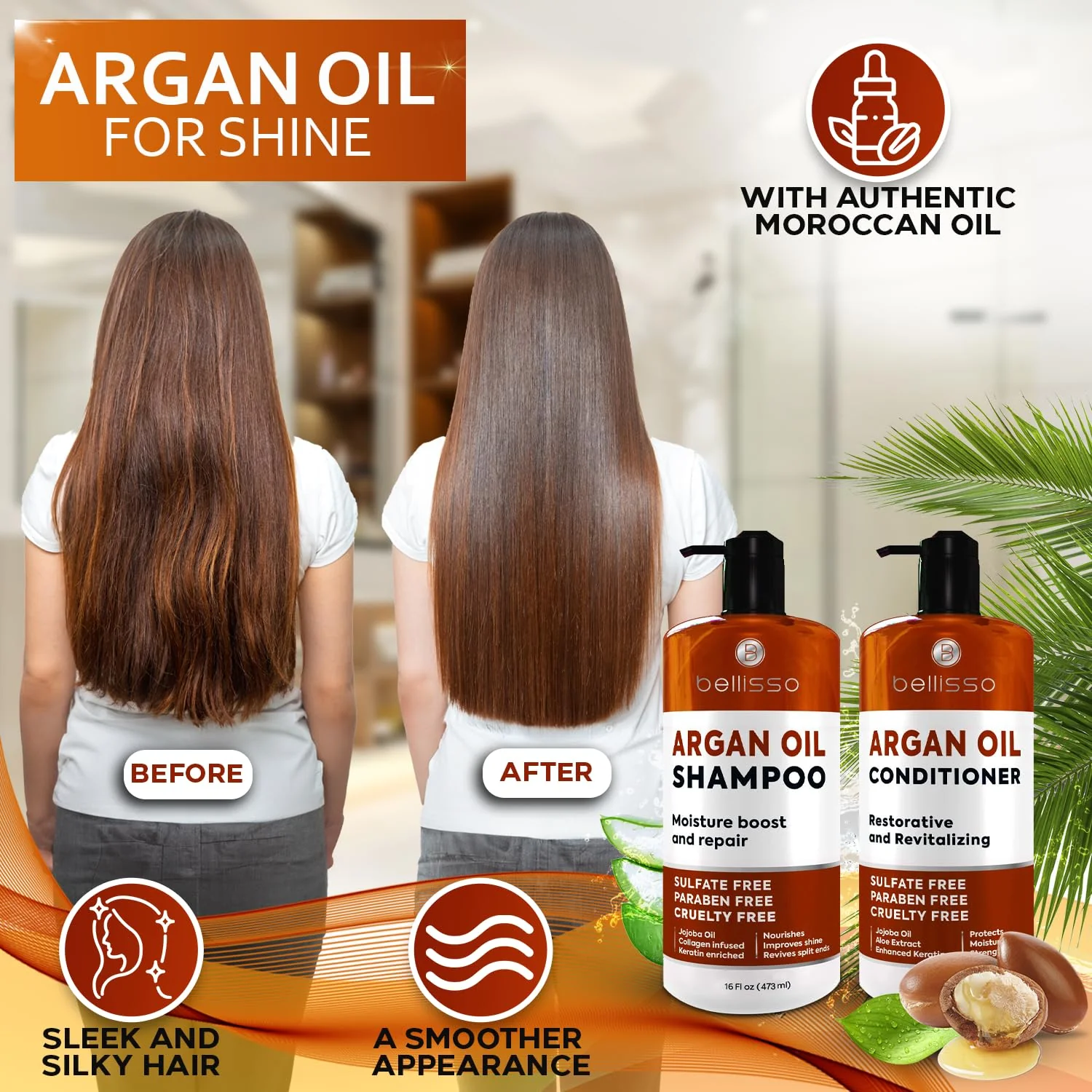 Moroccan Argan Oil Shampoo and Conditioner Set - Sulfate Free with No Parabens - Botanicals for Women and Men - Professional Moisturizing, Anti Frizz, Hydrating Solution for Dry, Wavy and Curly Hair - Image 7