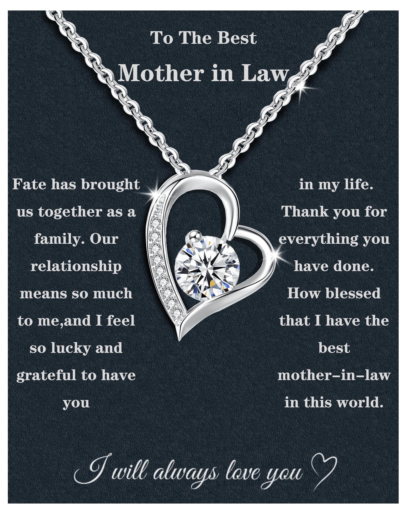 Mother In Law Necklace 925 Sterling Silver Mother In Law Christmas Gifts Mothers Day Gifts For Mother In Law With Message Card &Gift Box (688-Love heart01)