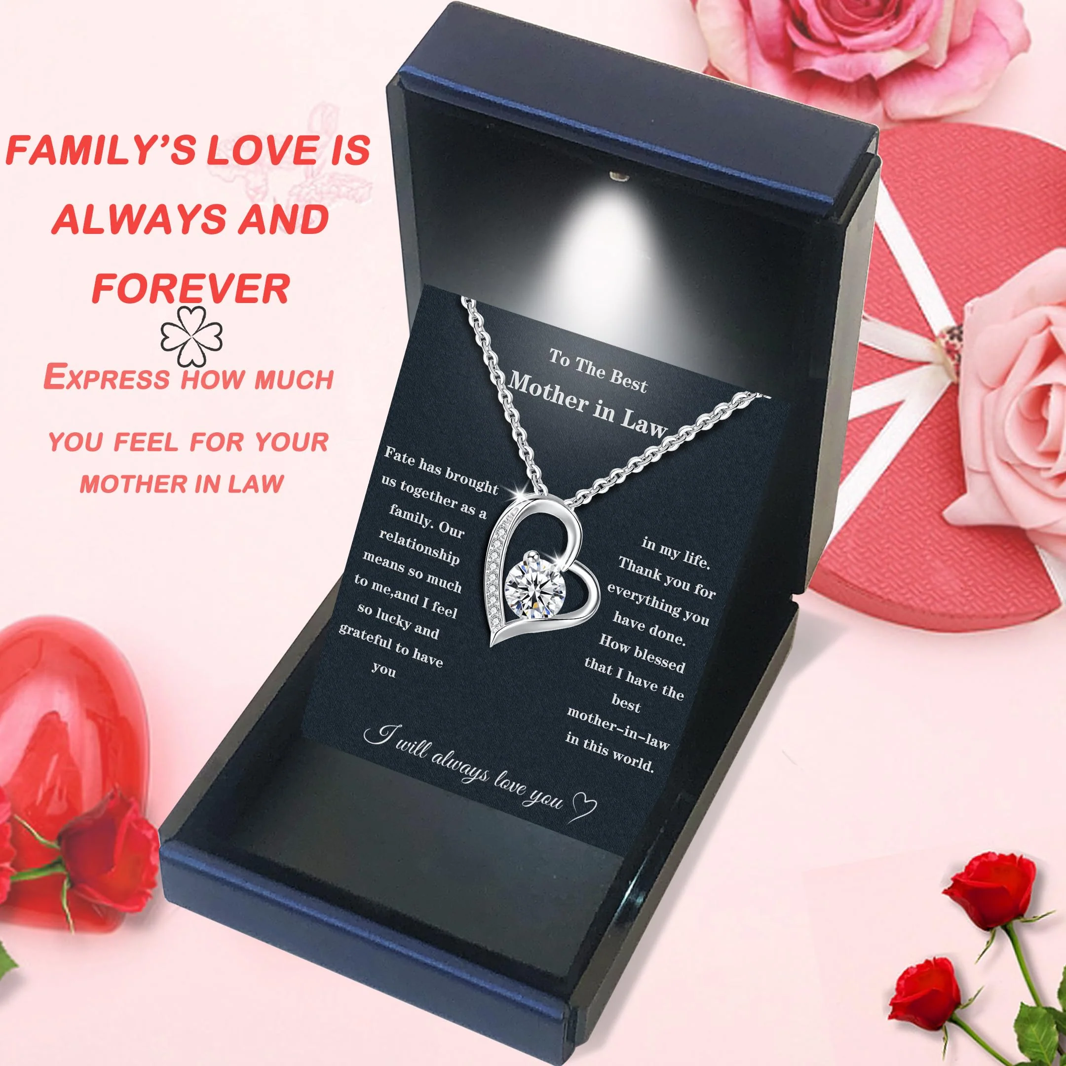 Mother In Law Necklace 925 Sterling Silver Mother In Law Christmas Gifts Mothers Day Gifts For Mother In Law With Message Card &Gift Box (688-Love heart01) - Image 5
