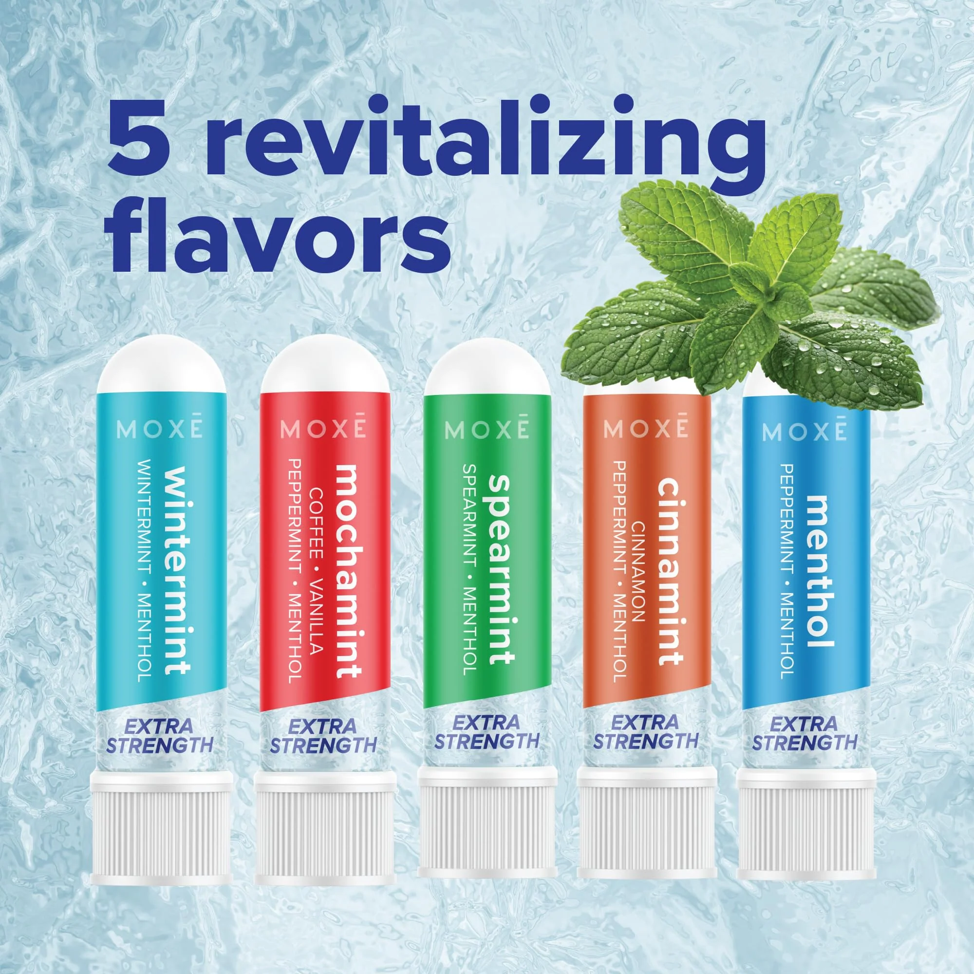 MOXĒ Extra Strength Nasal Inhaler Variety Pack | 5 Powerful Aromatherapy Blends for Sinus Relief, Clarity & Refreshing Energy | Spearmint, Cinnamint, Menthol, Peppermint Mocha & Wintermint - Image 2