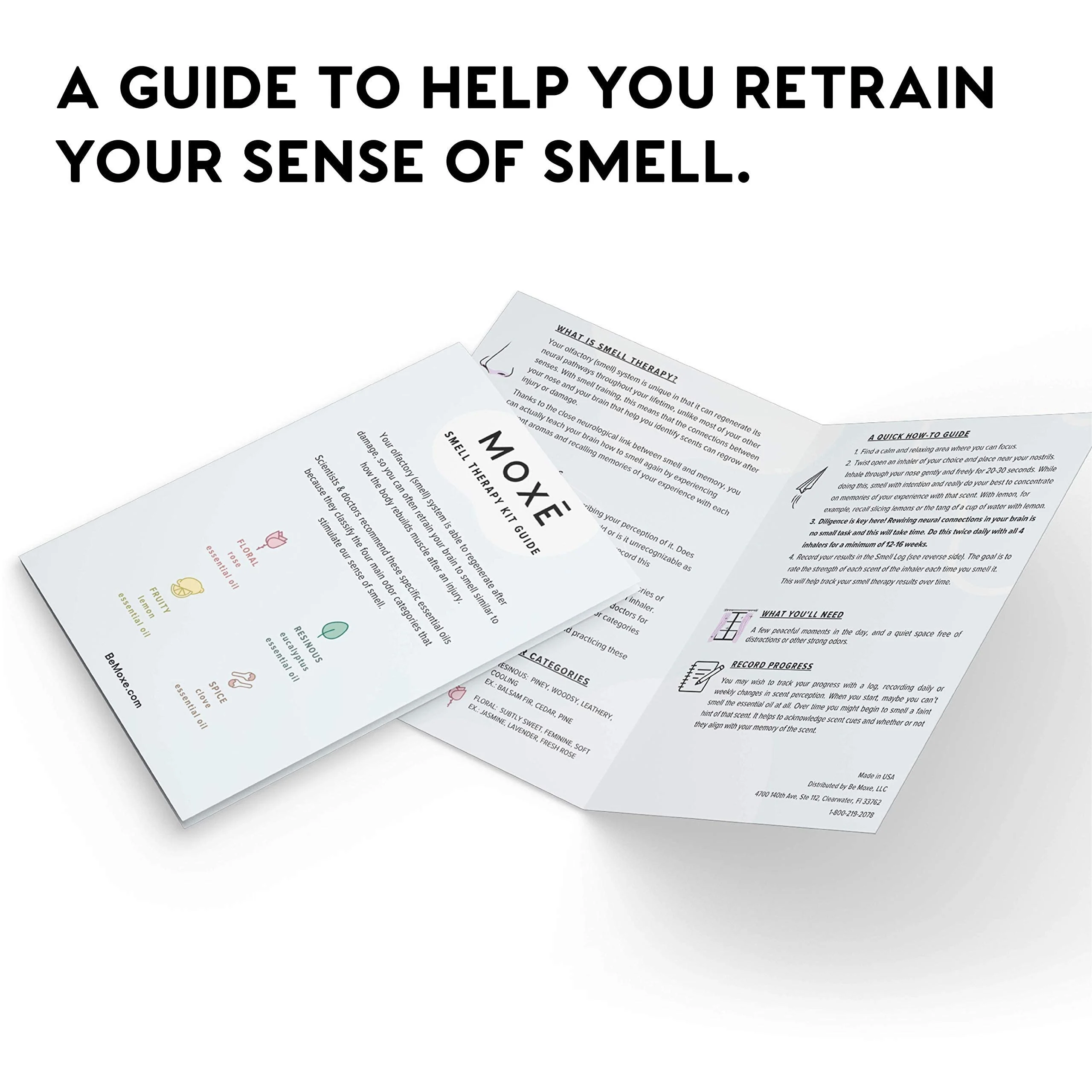 MOXĒ Smell Training Kit, Made in USA, 4 Essential Oils, Olfactory Regeneration, Helps Restore Sense of Smell, Natural Therapy for Smell Loss, Lemon, Rose, Clove, Eucalyptus, Guidebook, Personal Log - Image 5