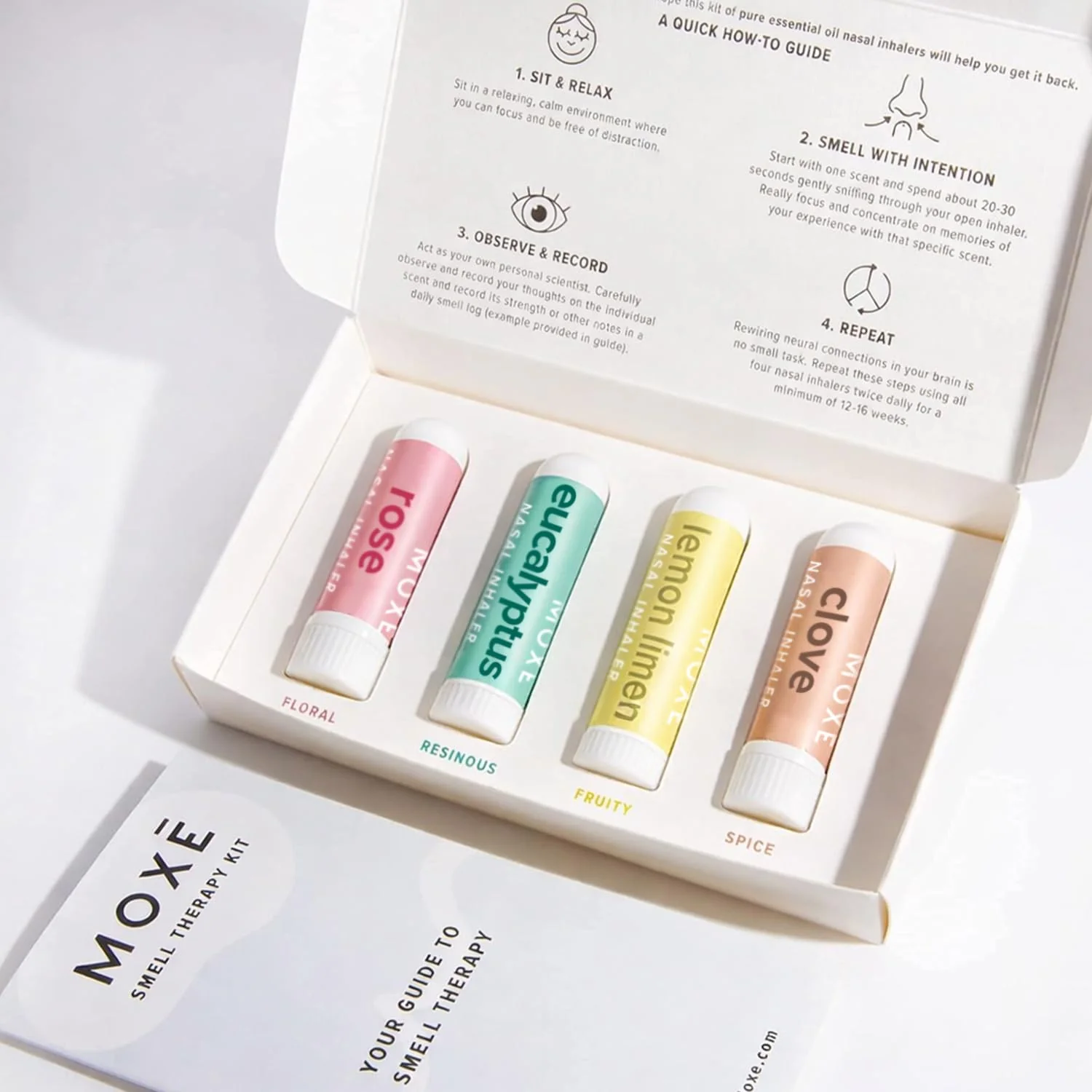 MOXĒ Smell Training Kit, Made in USA, 4 Essential Oils, Olfactory Regeneration, Helps Restore Sense of Smell, Natural Therapy for Smell Loss, Lemon, Rose, Clove, Eucalyptus, Guidebook, Personal Log - Image 6