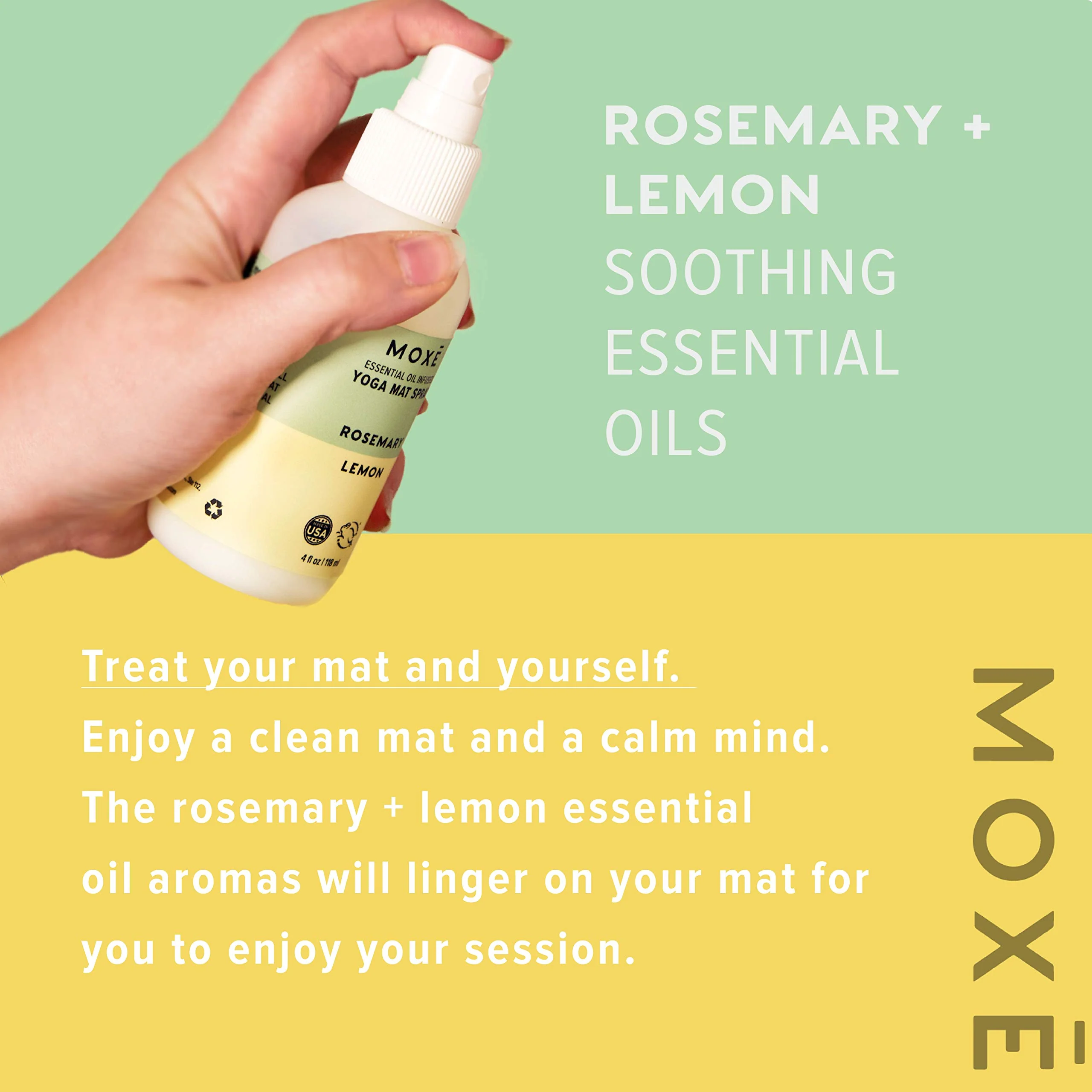 MOXE Yoga Mat Cleaner Spray, Rosemary & Lemon Essential Oil, Safe for All Mats & Exercise Equipment, Odor & Sweat Protection, Includes Microfiber Cleaning Towel, Green America Certified, 4 Oz (2 Pack) - Image 6