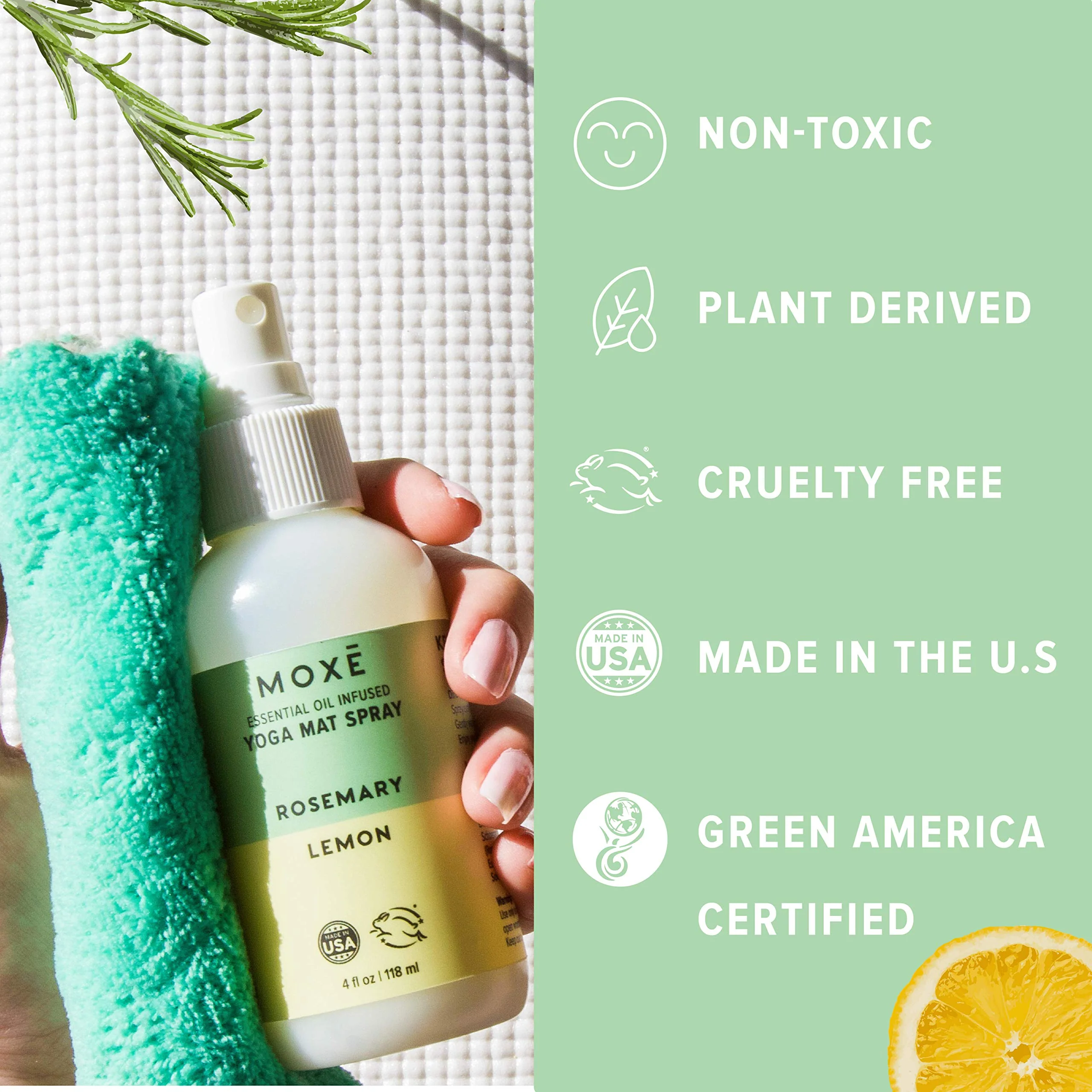 MOXE Yoga Mat Cleaner Spray, Rosemary & Lemon Essential Oil, Safe for All Mats & Exercise Equipment, Odor & Sweat Protection, Includes Microfiber Cleaning Towel, Green America Certified, 4 Oz (2 Pack) - Image 7