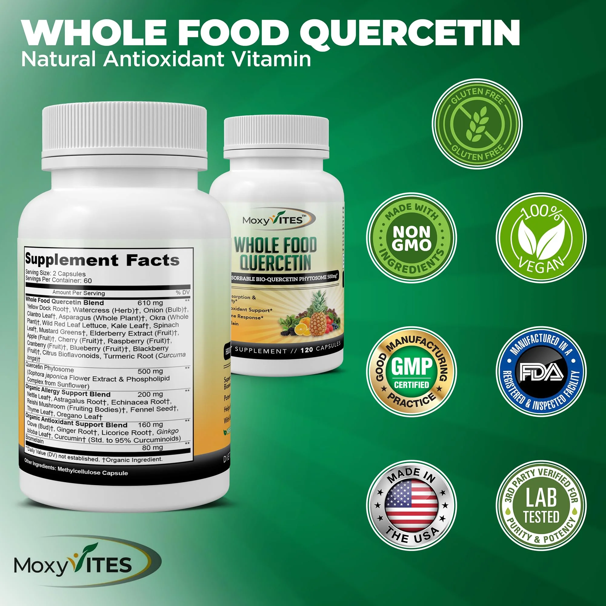 MoxyVites Quercetin with Bromelain 500mg Supplement - Bioactive Phytosome Complex, Pure Organic Whole Food Seasonal Support, Antioxidant, 20X Absorption & Bioavailability-120 Caps - Image 4