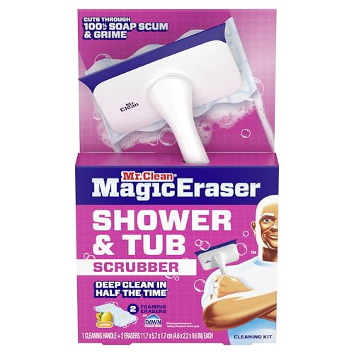Mr. Clean Magic Eraser Shower & Tub Scrubber, Bathroom Cleaner, All in One Bathroom Cleaner, Lemon Starter Kit, 2 Scrubber, 5 Foaming Magic Erasers, 1 Whole Home Extra Durable Magic Eraser - Image 3