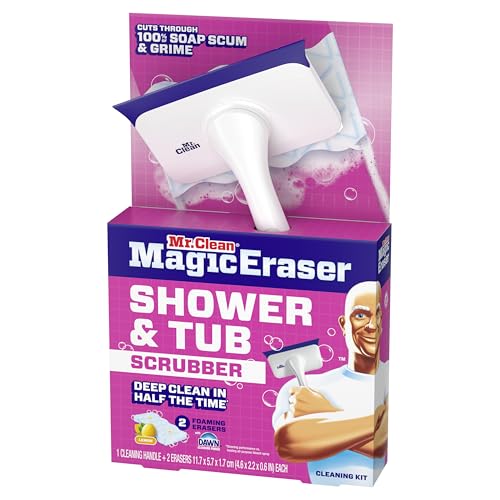 Mr. Clean Magic Eraser Shower & Tub Scrubber, Bathroom Cleaner, All in One Bathroom Cleaner, Lemon Starter Kit, 2 Scrubber, 5 Foaming Magic Erasers, 1 Whole Home Extra Durable Magic Eraser - Image 4