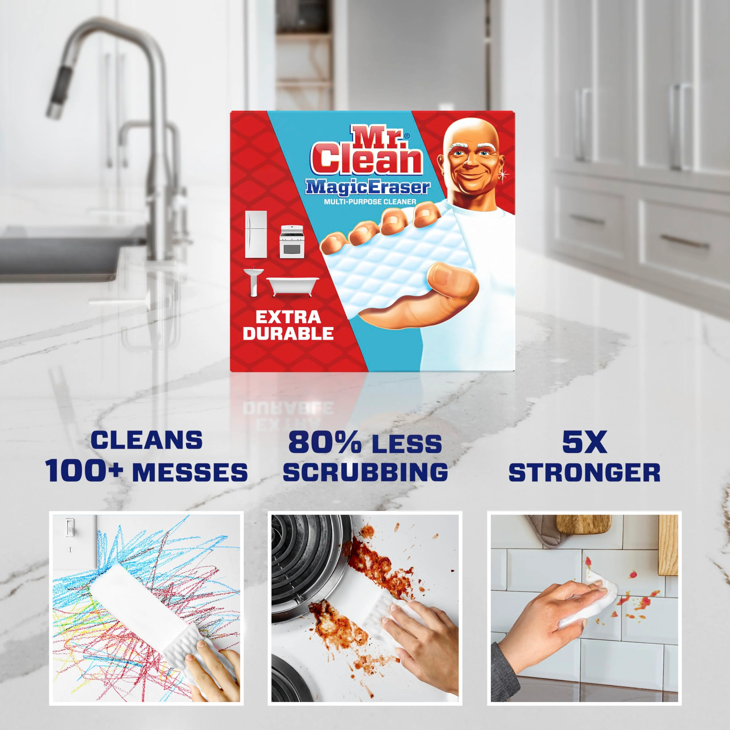 Mr. Clean Magic Eraser Sponge, All Purpose Cleaner, Cleaning Scrubber, Wall, Sneaker, Kitchen, Bathroom, Shower Cleaner, Cleaning Supplies, Melamine Sponge, Cleaning Pads, Extra Durable, 10ct - Image 2