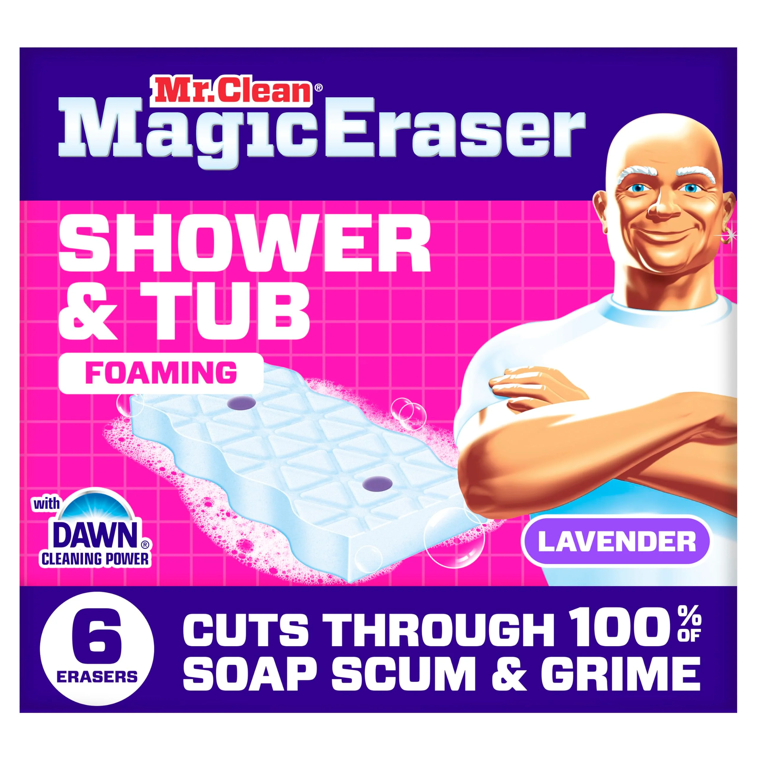 Mr. Clean Magic Eraser Sponge, Bathroom, Shower, Tub Cleaner, Soap Scum Remover, Bathroom Cleaning Supplies, Dawn Cleaning Power with Lavender Scent, Shower & Tub, 6ct