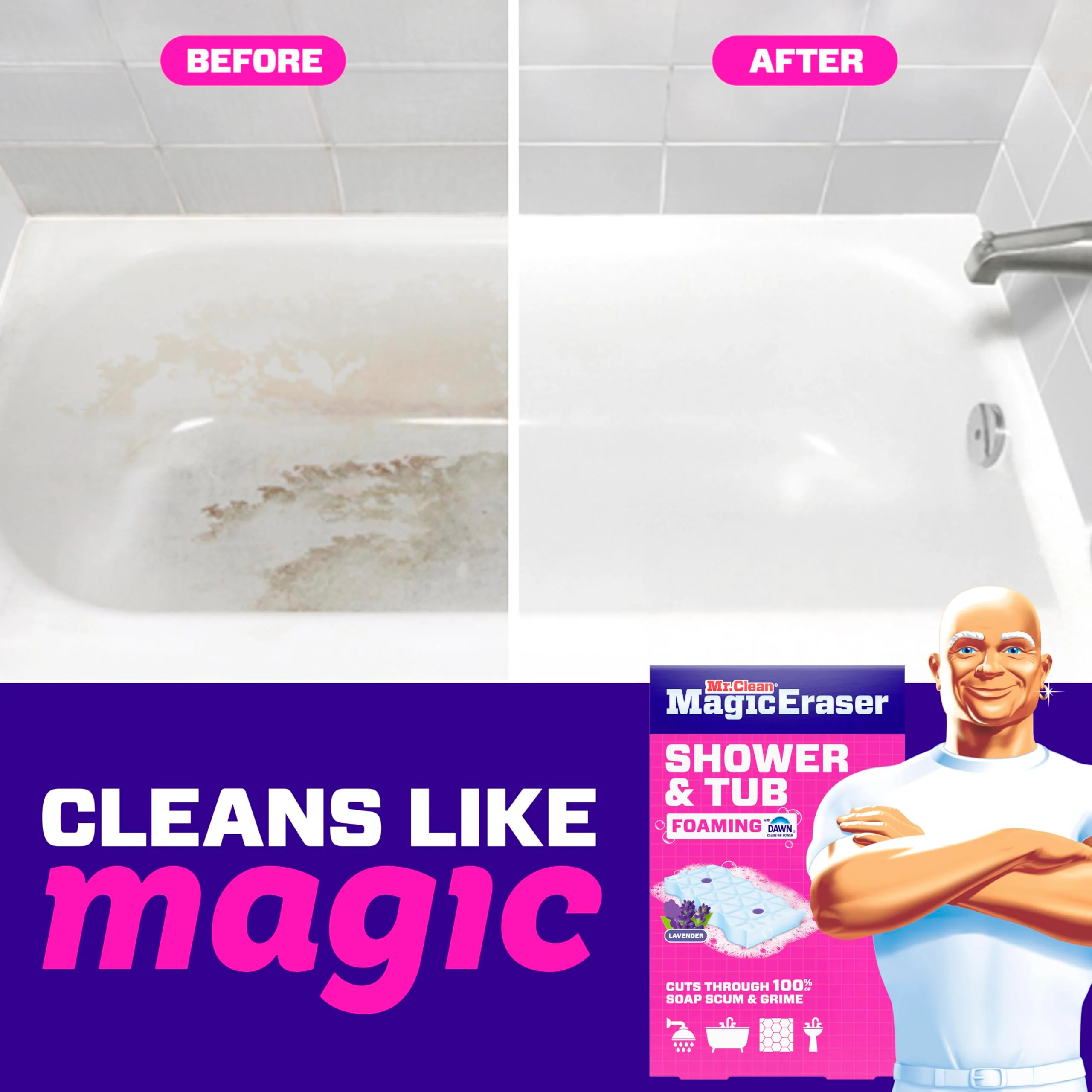 Mr. Clean Magic Eraser Sponge, Bathroom, Shower, Tub Cleaner, Soap Scum Remover, Bathroom Cleaning Supplies, Dawn Cleaning Power with Lavender Scent, Shower & Tub, 6ct - Image 8