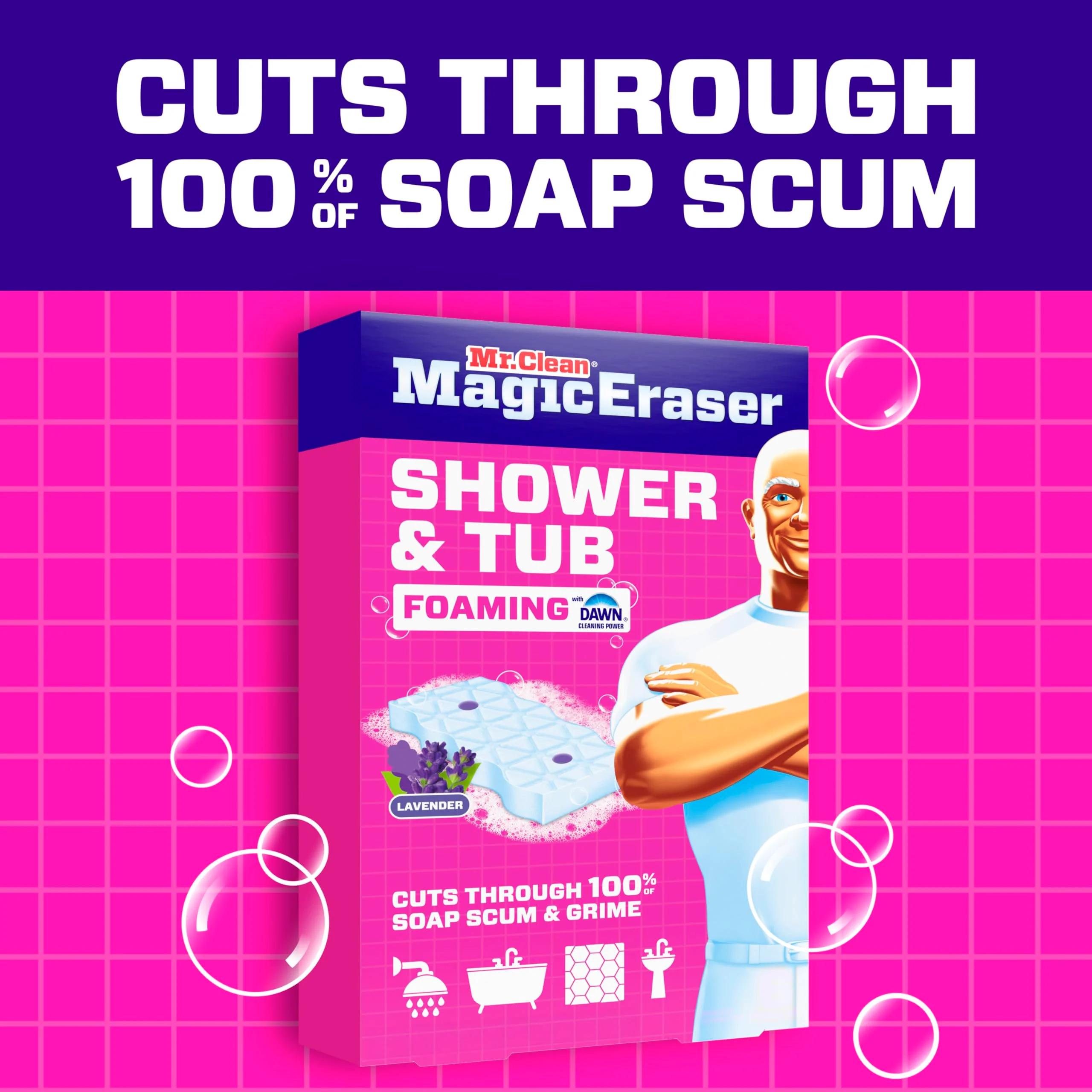 Mr. Clean Magic Eraser Sponge, Bathroom, Shower, Tub Cleaner, Soap Scum Remover, Bathroom Cleaning Supplies, Dawn Cleaning Power with Lavender Scent, Shower & Tub, 6ct - Image 2