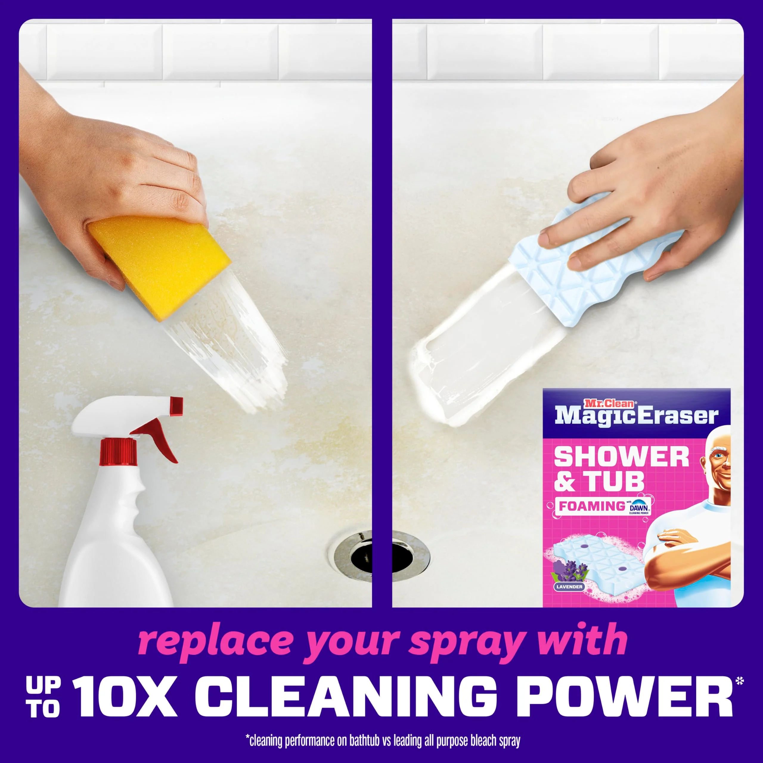 Mr. Clean Magic Eraser Sponge, Bathroom, Shower, Tub Cleaner, Soap Scum Remover, Bathroom Cleaning Supplies, Dawn Cleaning Power with Lavender Scent, Shower & Tub, 6ct - Image 4