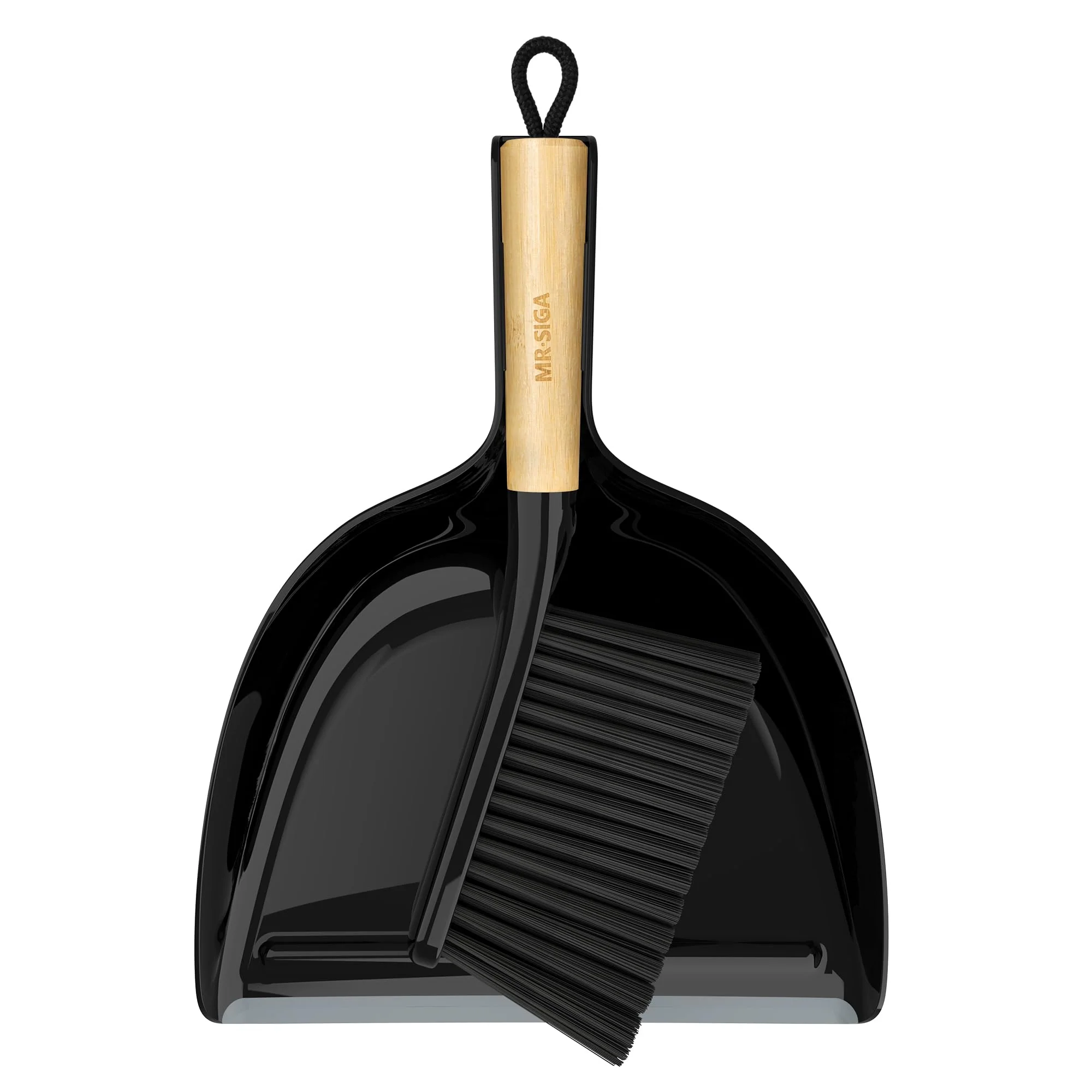 MR.SIGA Dustpan and Brush Set, Portable Cleaning Brush and Dustpan Combo with Bamboo Handle, Black, 1 Set