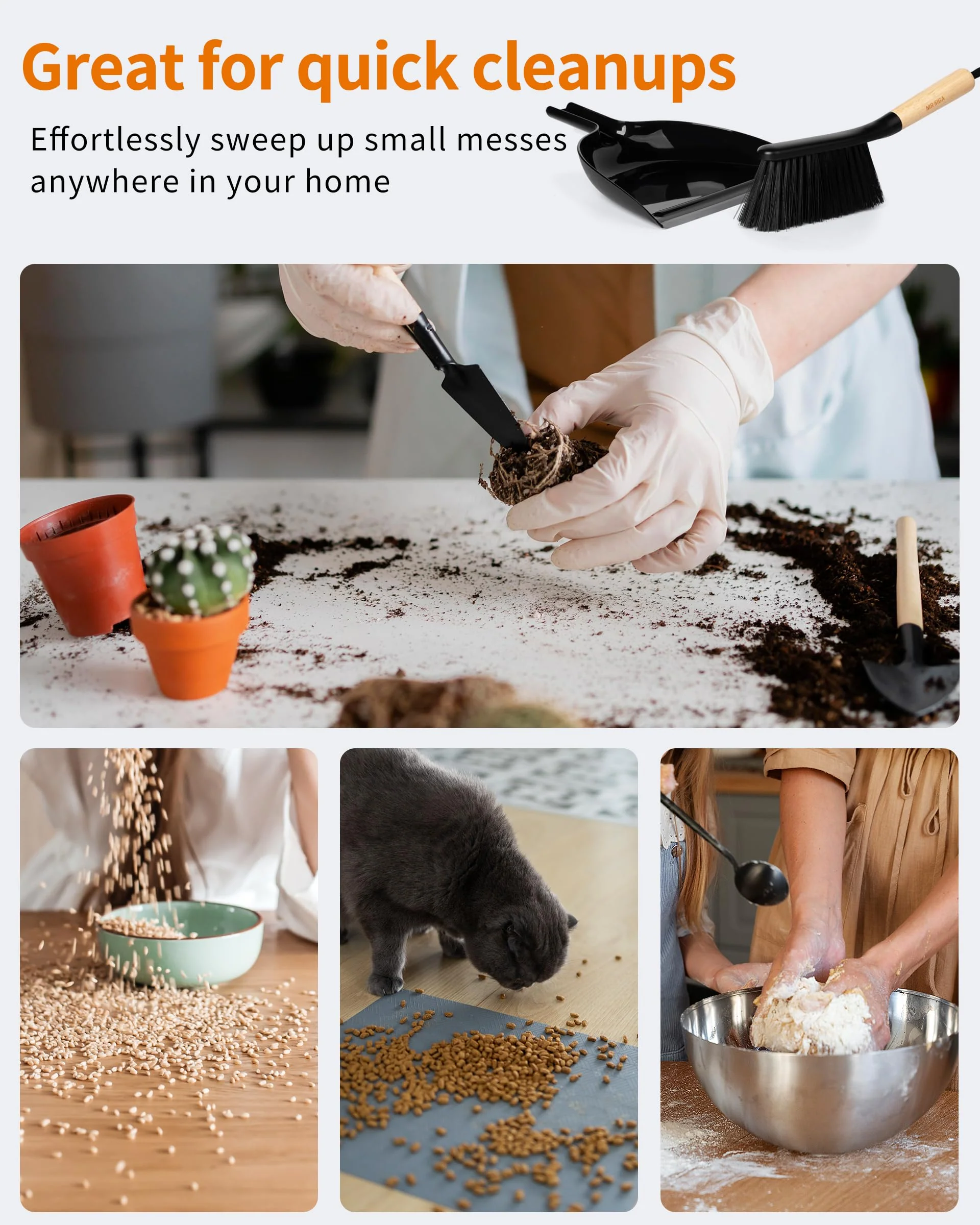 MR.SIGA Dustpan and Brush Set, Portable Cleaning Brush and Dustpan Combo with Bamboo Handle, Black, 1 Set - Image 2