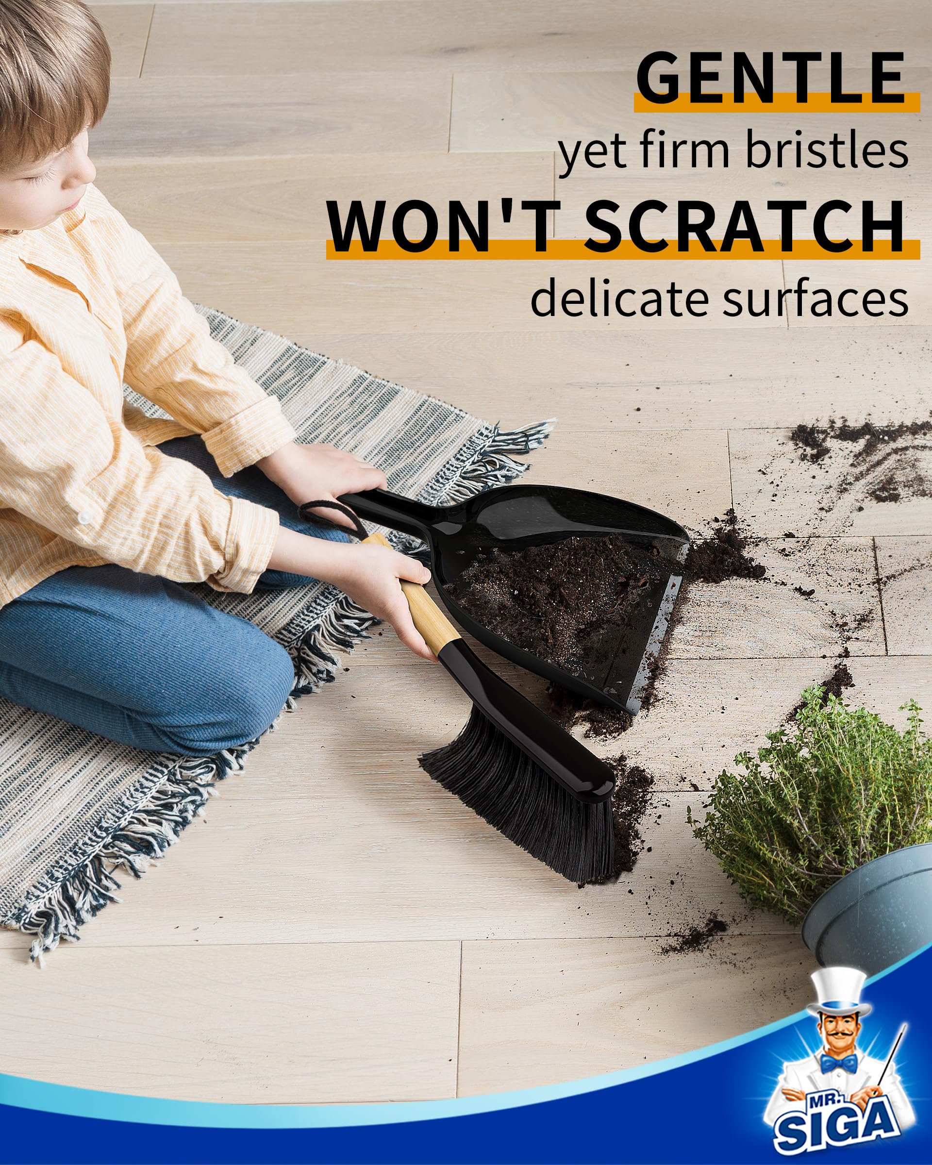 MR.SIGA Dustpan and Brush Set, Portable Cleaning Brush and Dustpan Combo with Bamboo Handle, Black, 1 Set - Image 5