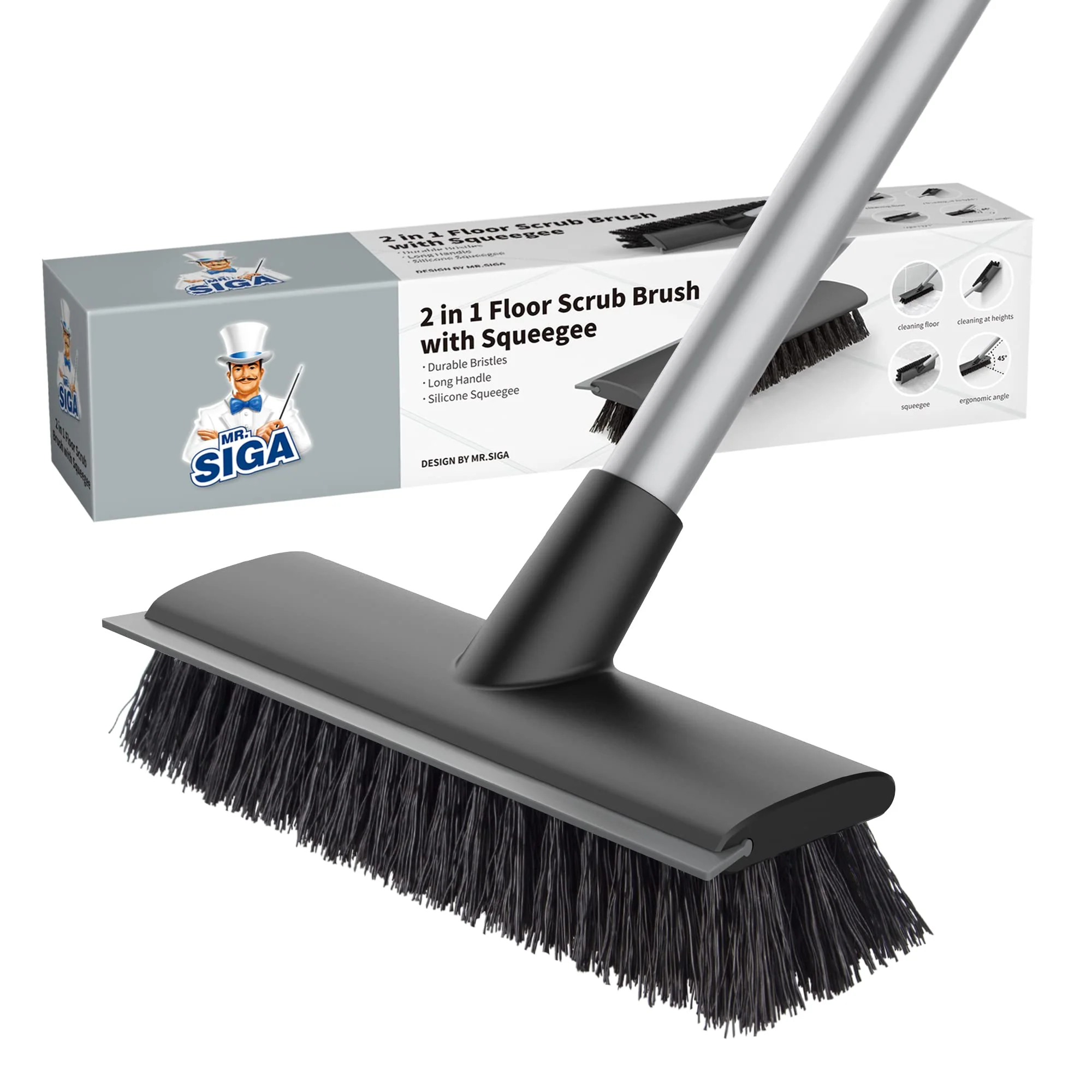 MR.SIGA Floor Scrub Brush with Long Handle, 2 in 1 Scrubber and Squeegee for Cleaning Bathroom, Patio, Garage, Wall, Tile with Stiff Bristles