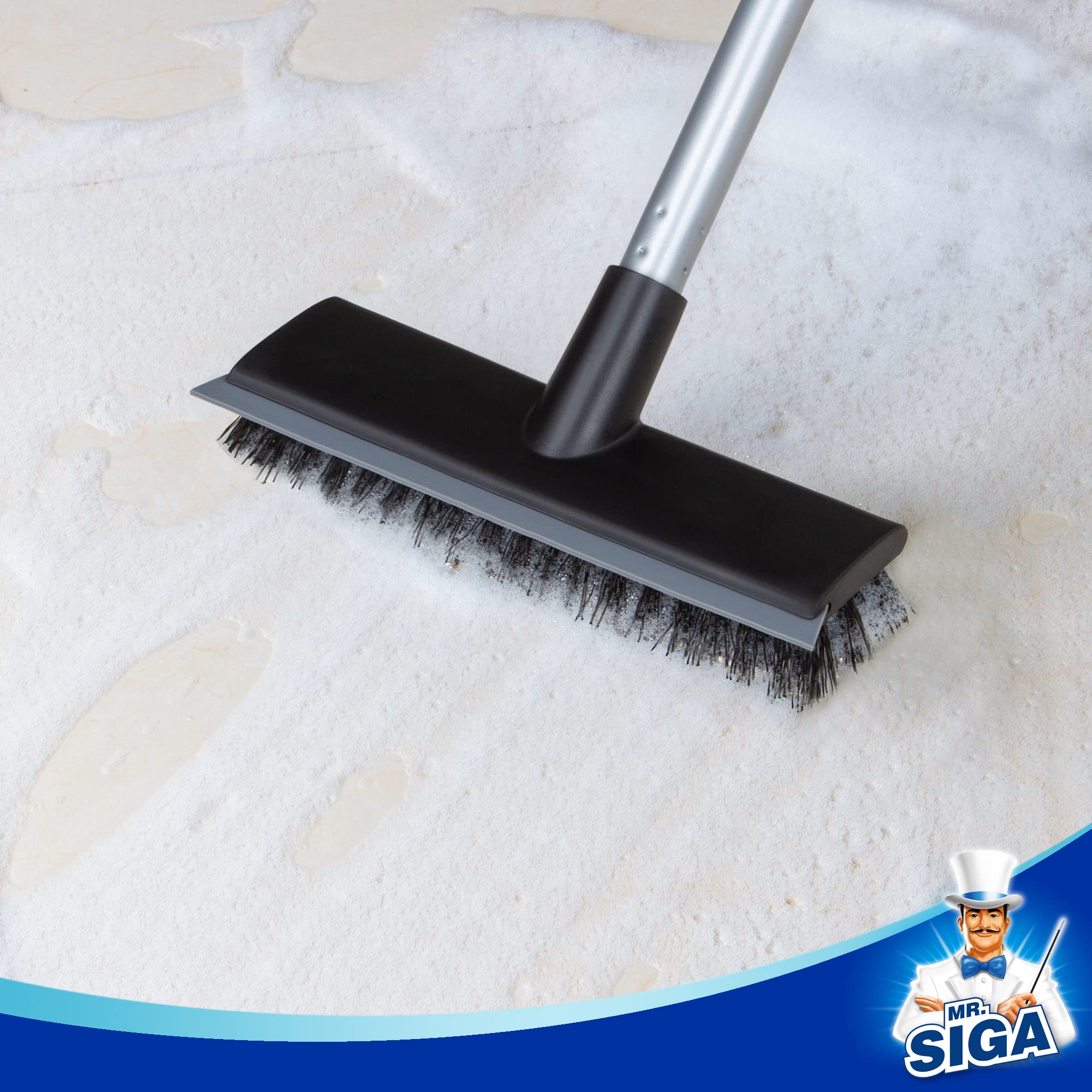 MR.SIGA Floor Scrub Brush with Long Handle, 2 in 1 Scrubber and Squeegee for Cleaning Bathroom, Patio, Garage, Wall, Tile with Stiff Bristles - Image 2
